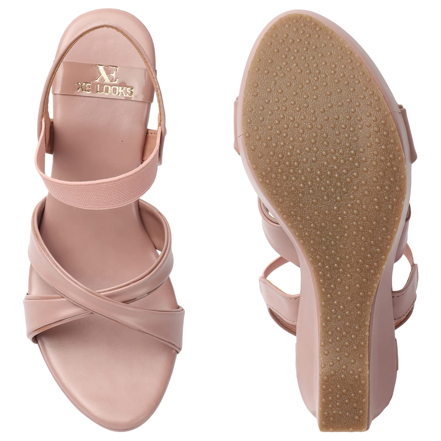 XE Looks Women's Peach Wedge Heel Sandals | Stylish Cross Strap Slip-On Sandals for Girls | Comfortable Cushioned Sole | Open Toe Design | Ideal for Casual