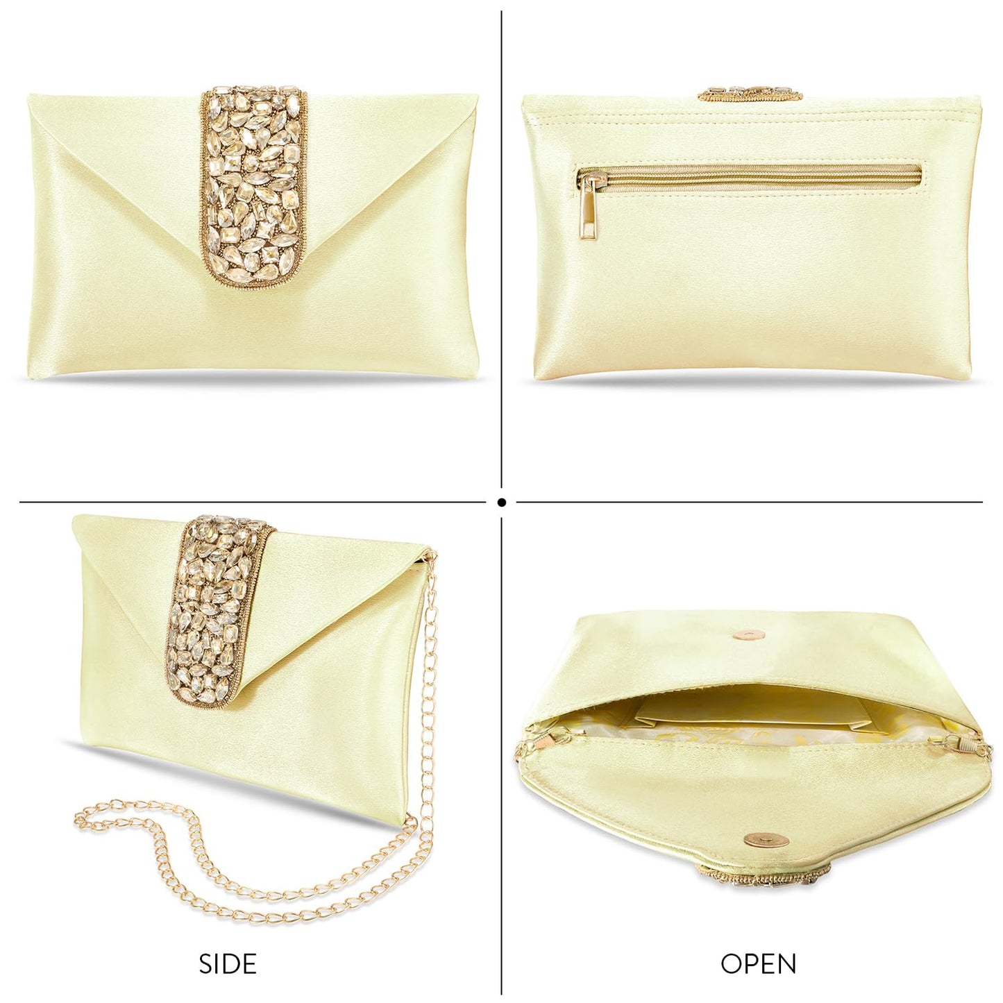 Peora Clutch Women's Purse Bridal Bag For Casual Detachable Strap Evening Sling Bag (Golden)