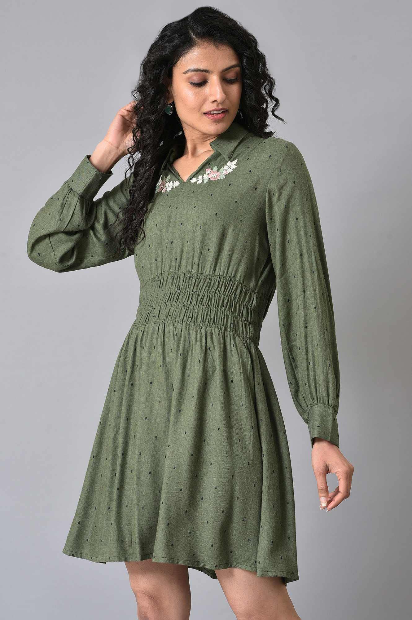 W for Woman Women's Viscose Olive Green Hand Embroidered Short Dress Above The Knee (22AUW31166-830180 10)