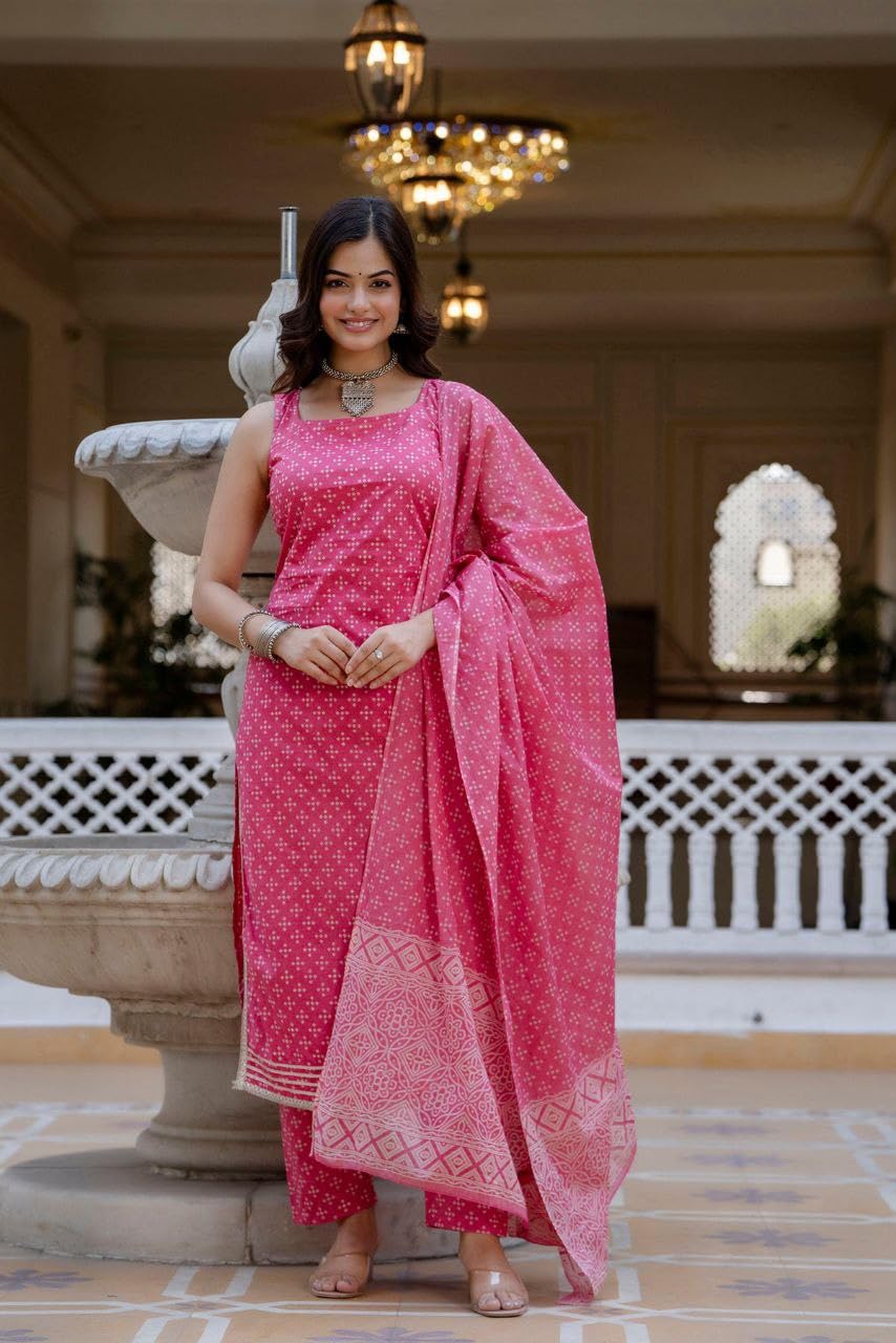 Modestouze Attires Women's Rayon Blend Floral Printed Salwar Suit Set | V Neck 3/4 Sleeve Calf Length Kurta and Dupatta with Print Pant | MAD-K166-PINK-M