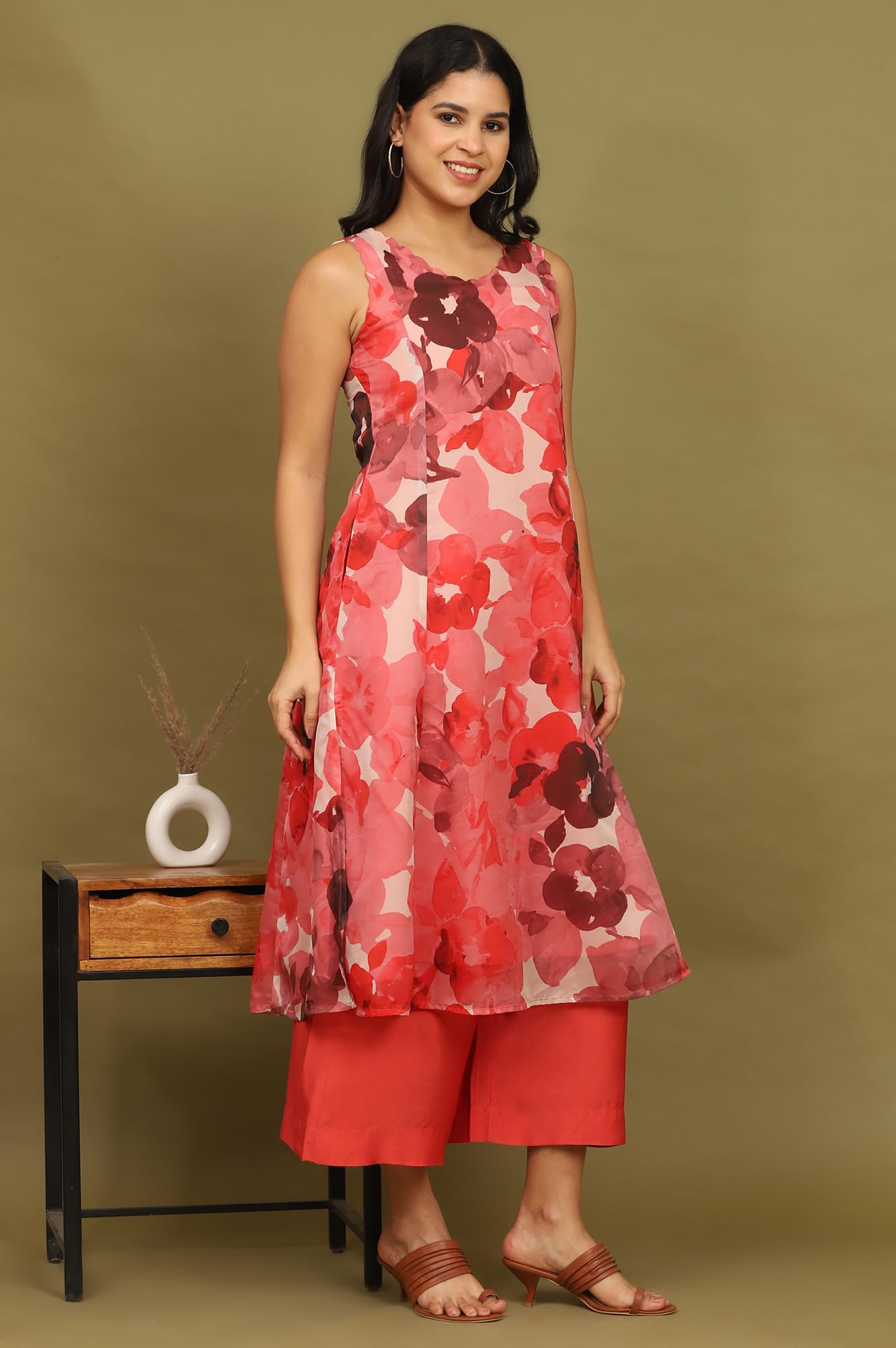 W for Woman Crimson Red Bold Floral Printed Organza Flared Kurta, Pants and Dupatta Set (Size: S)-WS12238-125263