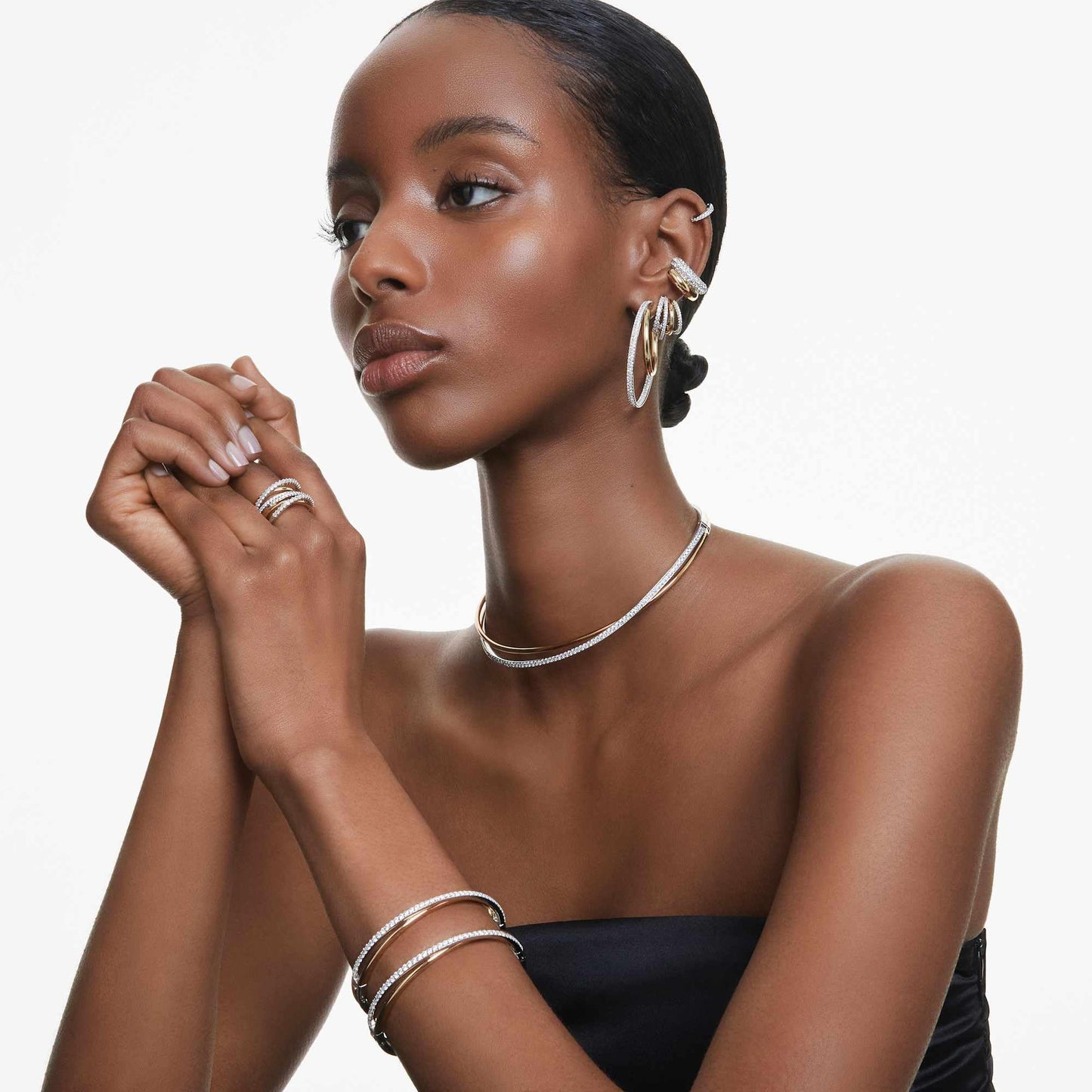 [Official] [Swarovski] Hyperbola Hoop Earrings, Mixed Cut, Mini, White, Mixed Metal Finish, ワンサイズ, Mixed metal finish, zirconia, No Gemstone