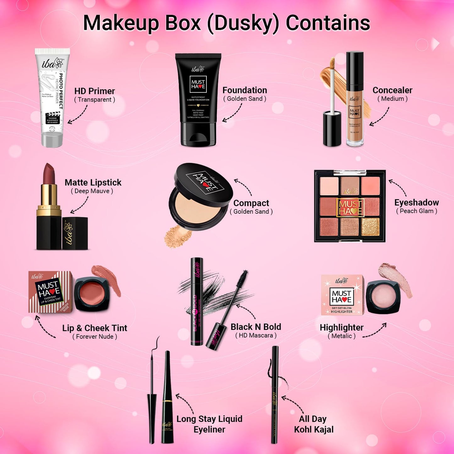 Iba Must Have Complete Makeup Box for Women (Dusky) with 11 Essential Products | Waterproof | Bridal Makeup | Full Face Makeup | 100% Vegan & Cruelty Free