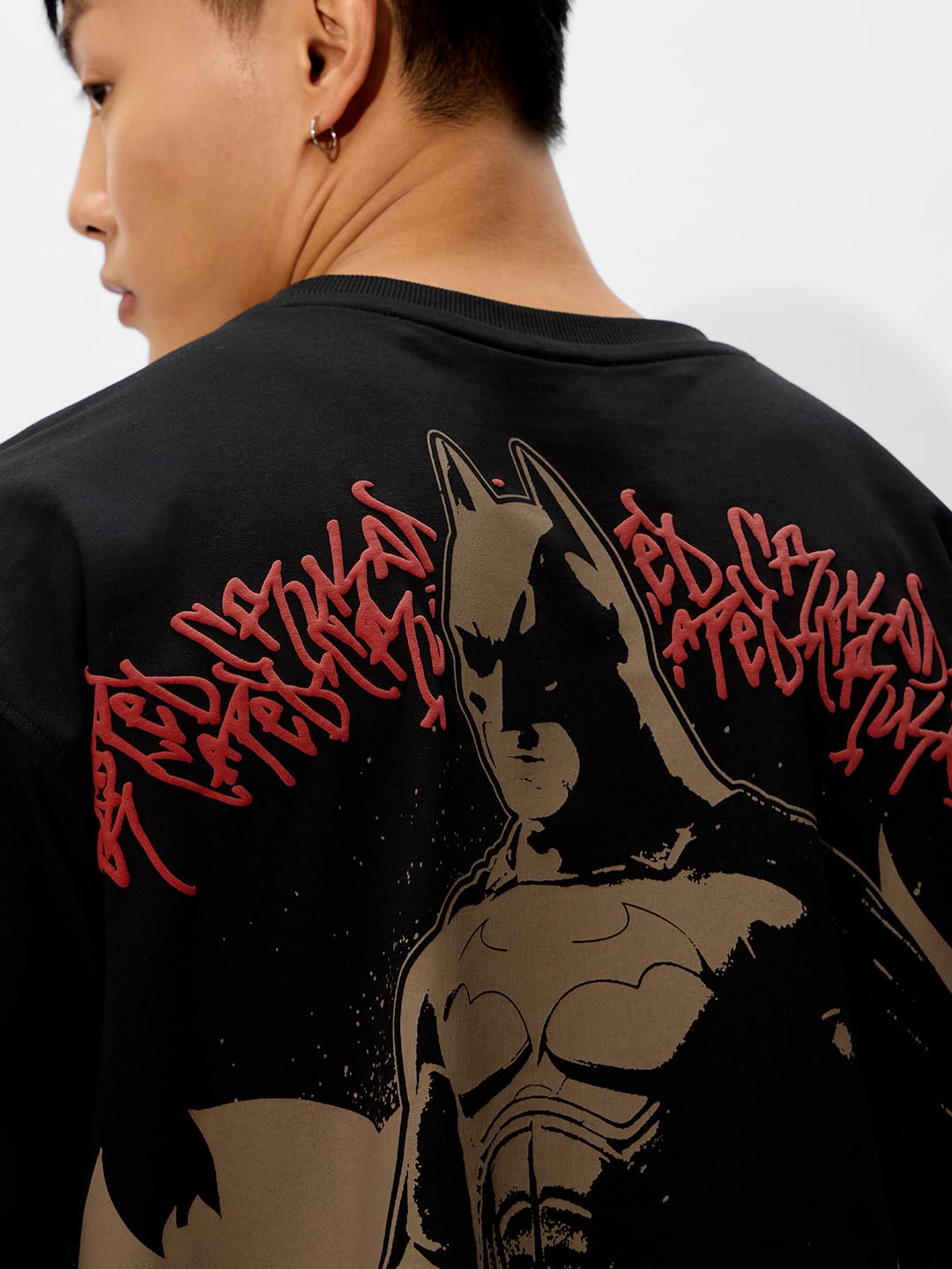 The Souled Store Official Batman Originals: Justice Oversized T-Shirt for Men Boys Cotton Casual Half Sleeves Baggy Loose Fit Drop Shoulder Round Neck Black