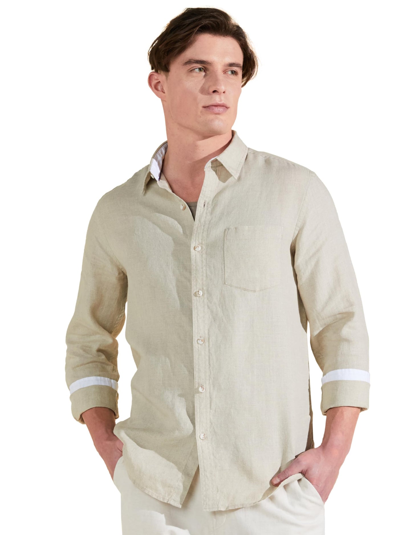 Symbol Premium Men's Pure Linen Solid Casual Shirt (Regular Fit) (SP-S24-M-CS-102_Natural Beige_L)