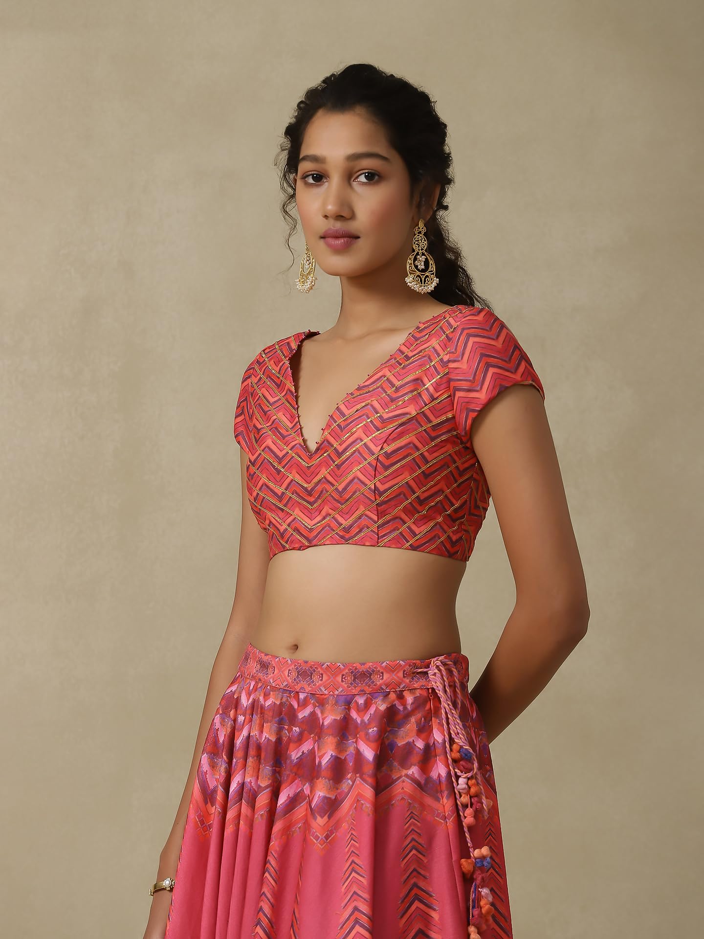 Aarke Ritu Kumar Pink Chevron Printed Lehenga With Blouse And Dupatta