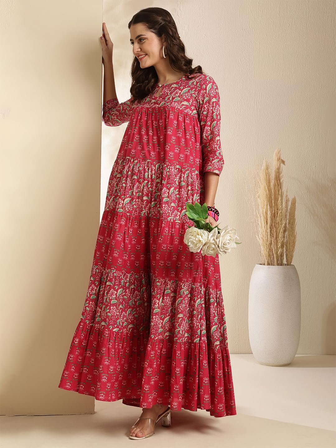 Gulmohar Jaipur Women's Cotton Ankle Length Printed Key Hole Neck Anarkali Gown (GUL485KRTPINK_3XL, 3XL, Pink)