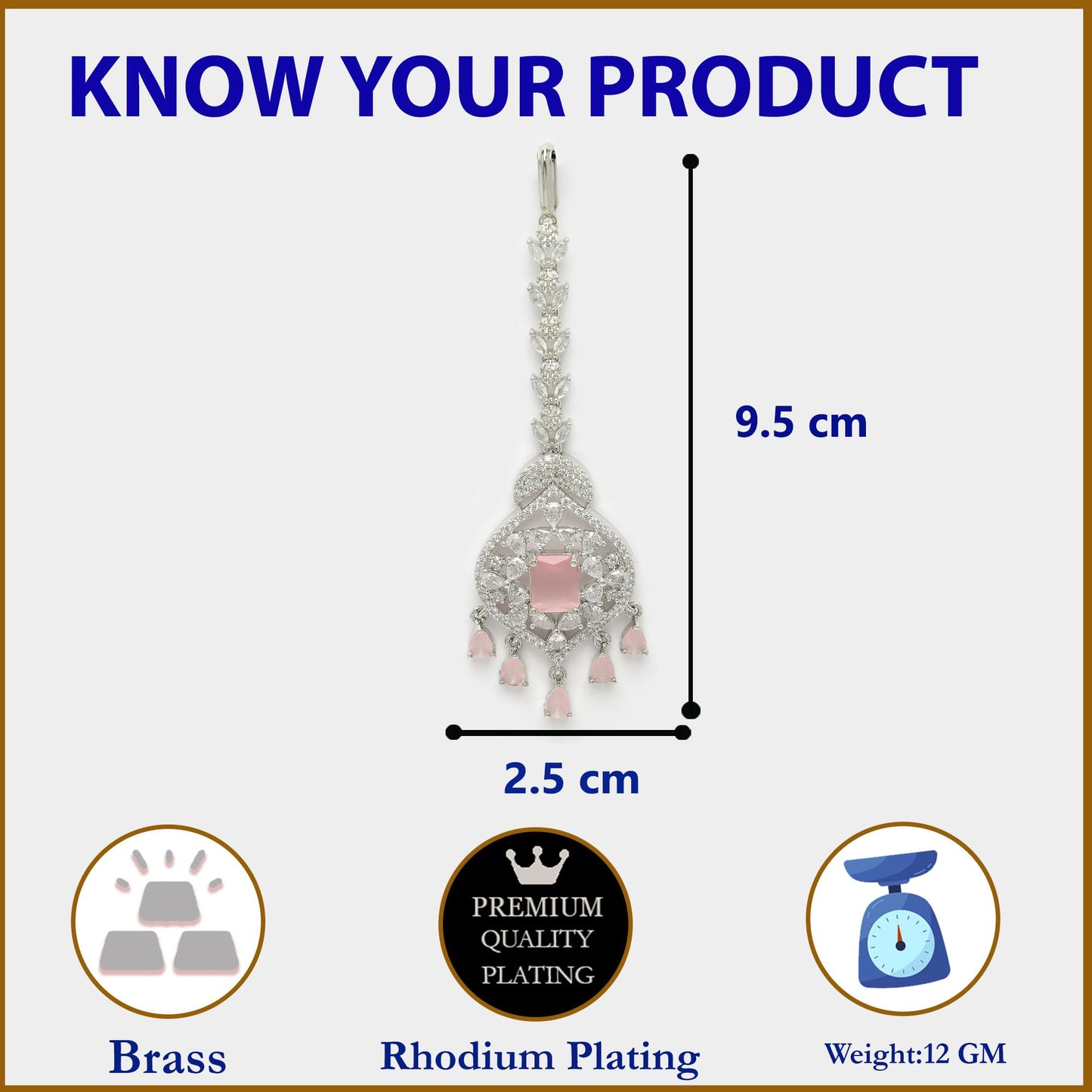 Zeneme Sparkling American Diamond Maang Tikka for Women | Elegant Floral Design Silver Plated Maang Tikka for Wedding - Traditional Head Jewellery for Women (Pink Moonbeam Charm Mangtika)