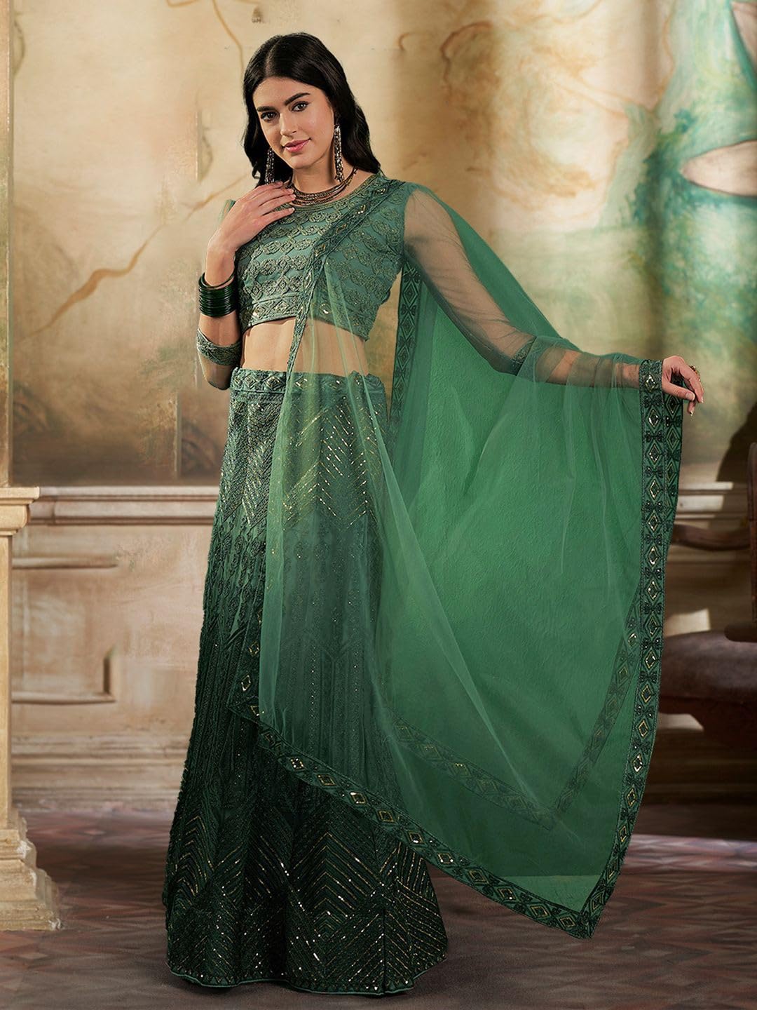 VARNI FABRICS Lehenga set for Women Heavy Net Multi Embroidered Zari Work Semi Stitched Lehenga for Women Wedding Ethnic Traditional Party Lehenga Choli with Dupatta | Green | Free Size