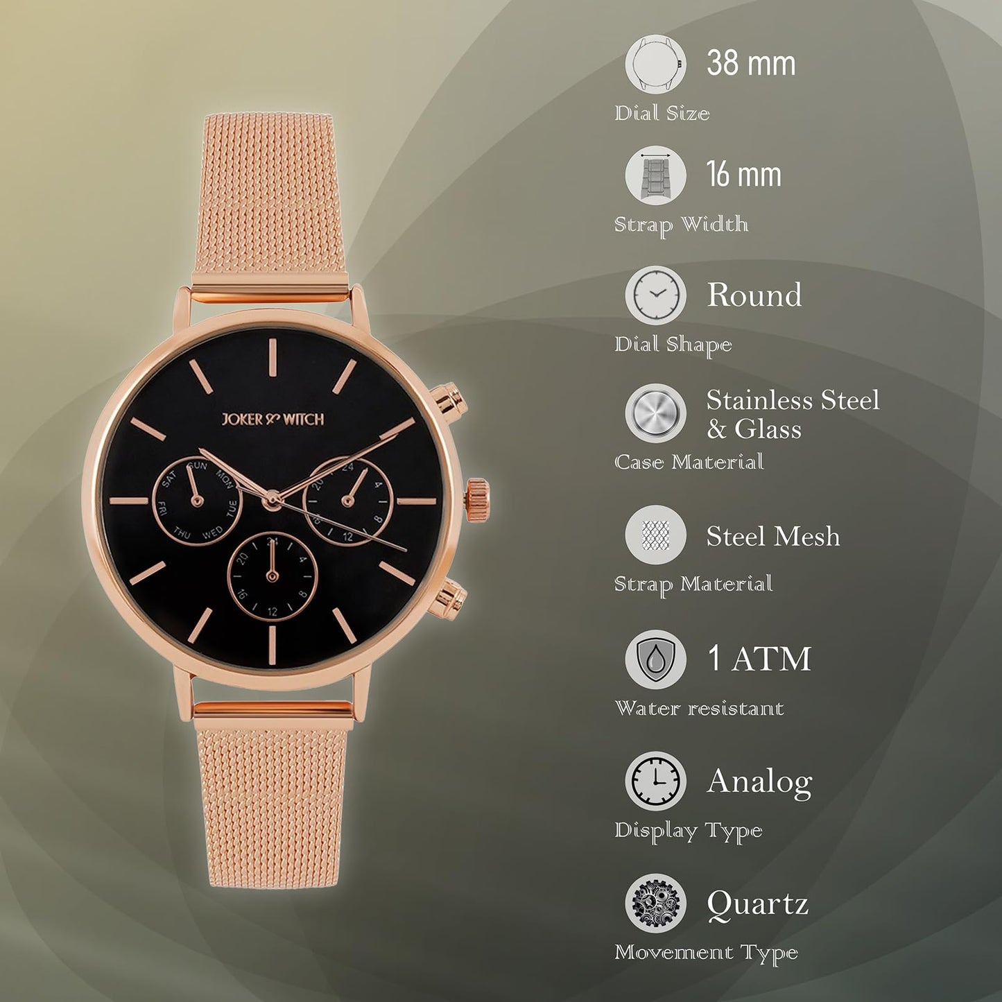 Joker & Witch Women Moscow 38mm Black Dial 16mm Rose Gold Steel Mesh Watch