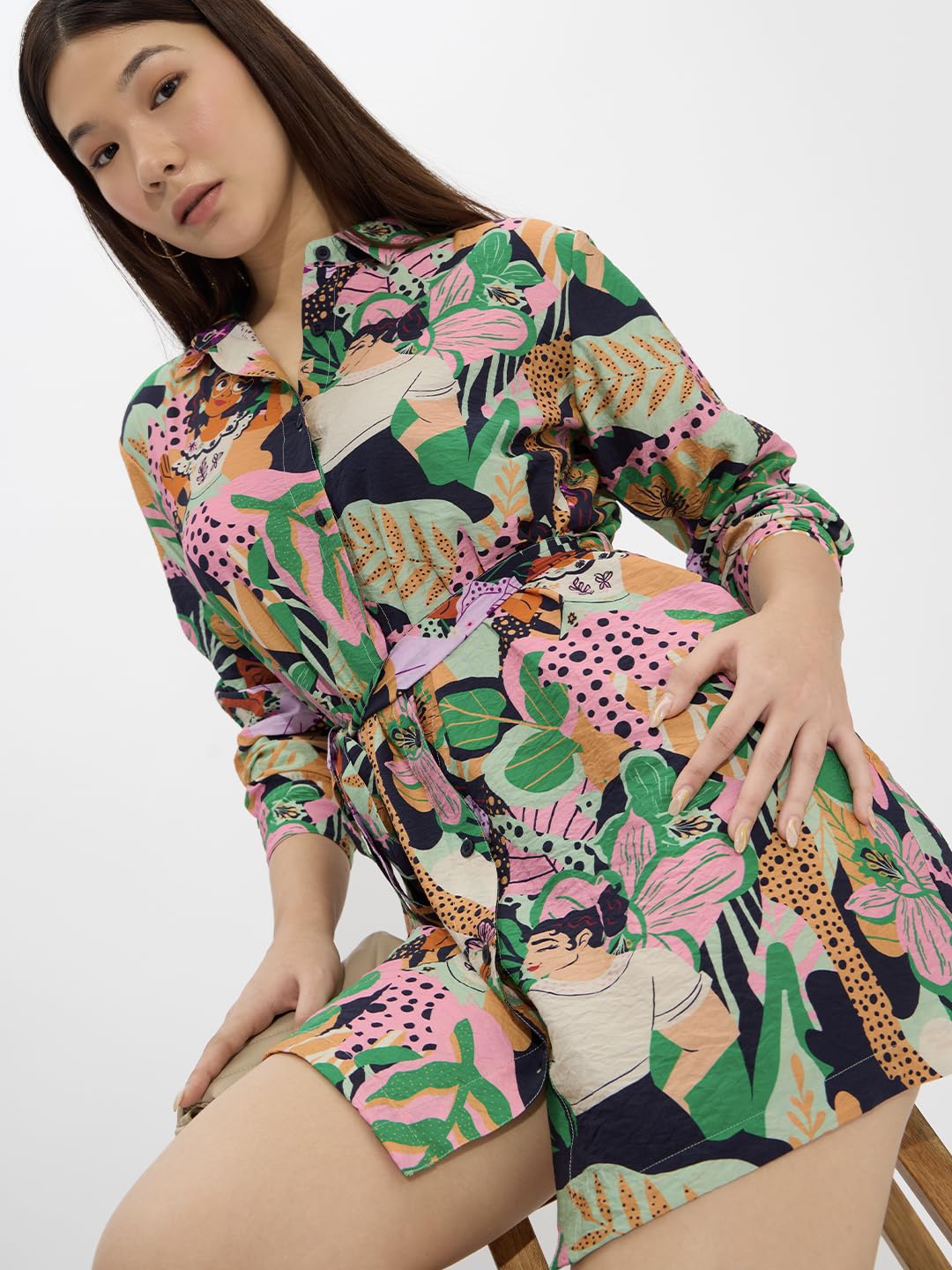 The Souled Store Official Disney: Encanto Women and Girls Long Sleeves Collared Neck Button Front Viscose Blend All Over Printed Shirt Dresses Multicolour