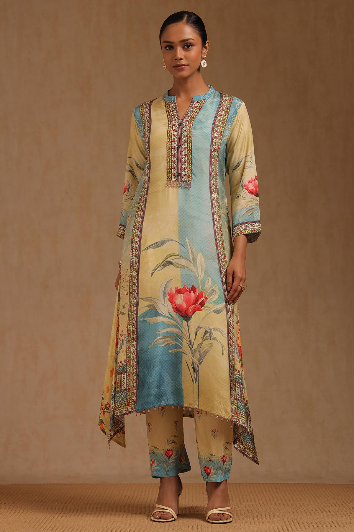 Soch Womens Yellow Muslin Floral Print Suit Set With Beads