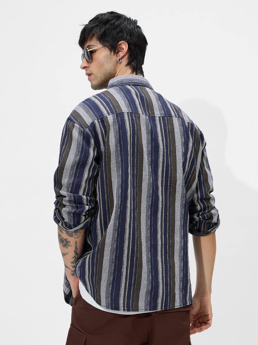 The Souled Store Stripes: Blue, Brown Men and Boys Long Sleeves Collared Neck Button Front Regular Fit Cotton Shirts