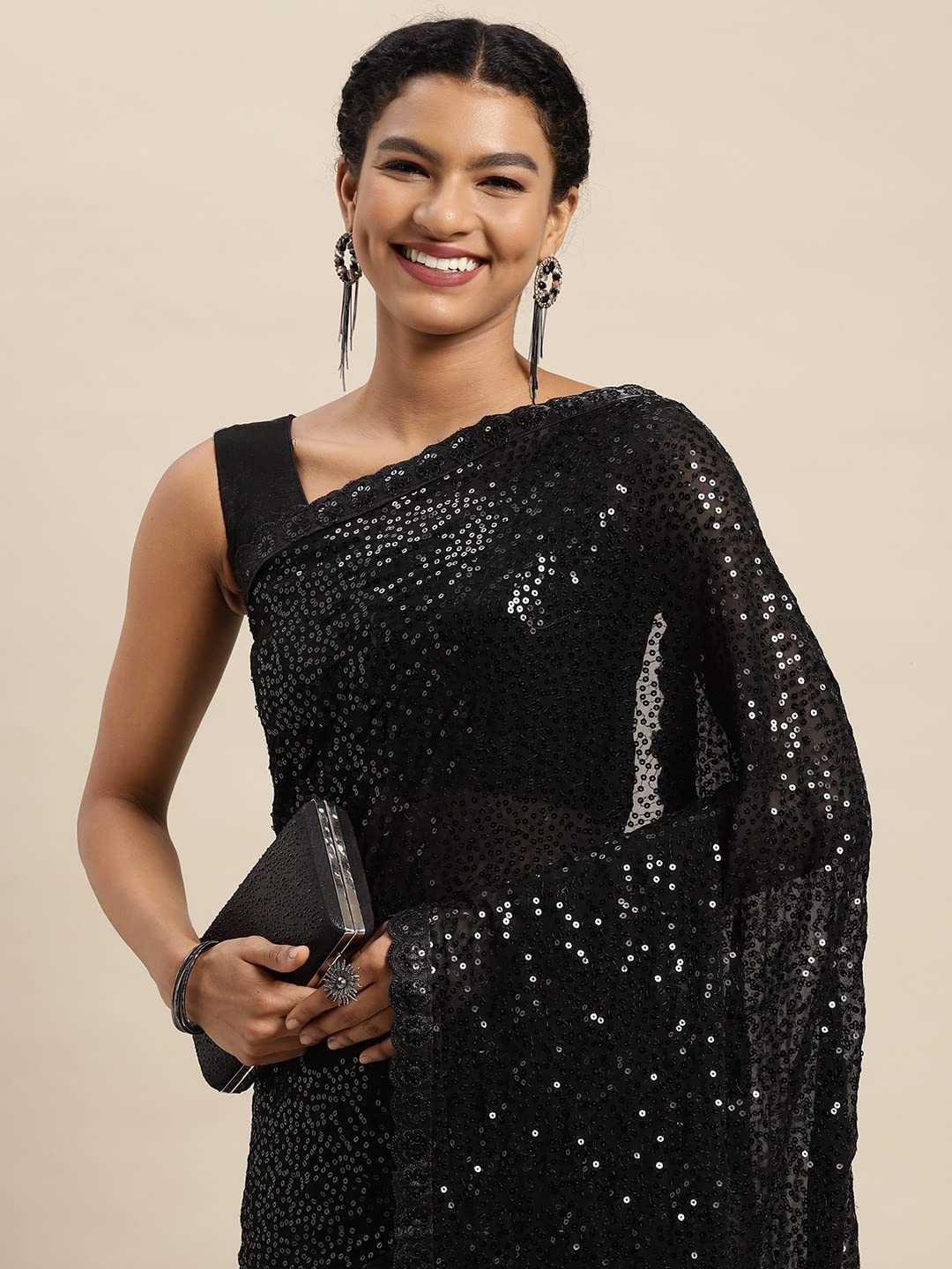 Pandadi Saree Women Black Georgette Saree With All-Over Sequin Work And Satin Banglori Blouse