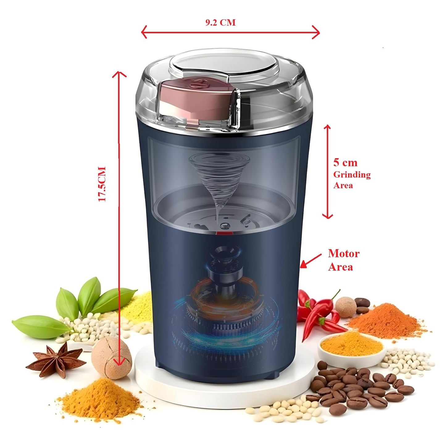 QONETIC Portable Electric Coffee Grinder Spice & Coffee Bean Grinder Stainless Steel 4 Blade Mixer Grinder for Masala & Herb Push Button Control Durable Grinding Machine for Dry Item (Blue)