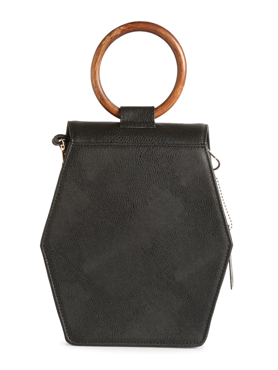 RASHKI ESA BLACK - Womens Vegan Leather Hand Bag | Real Wood Handle | Spacious Compartment | Flip Closure