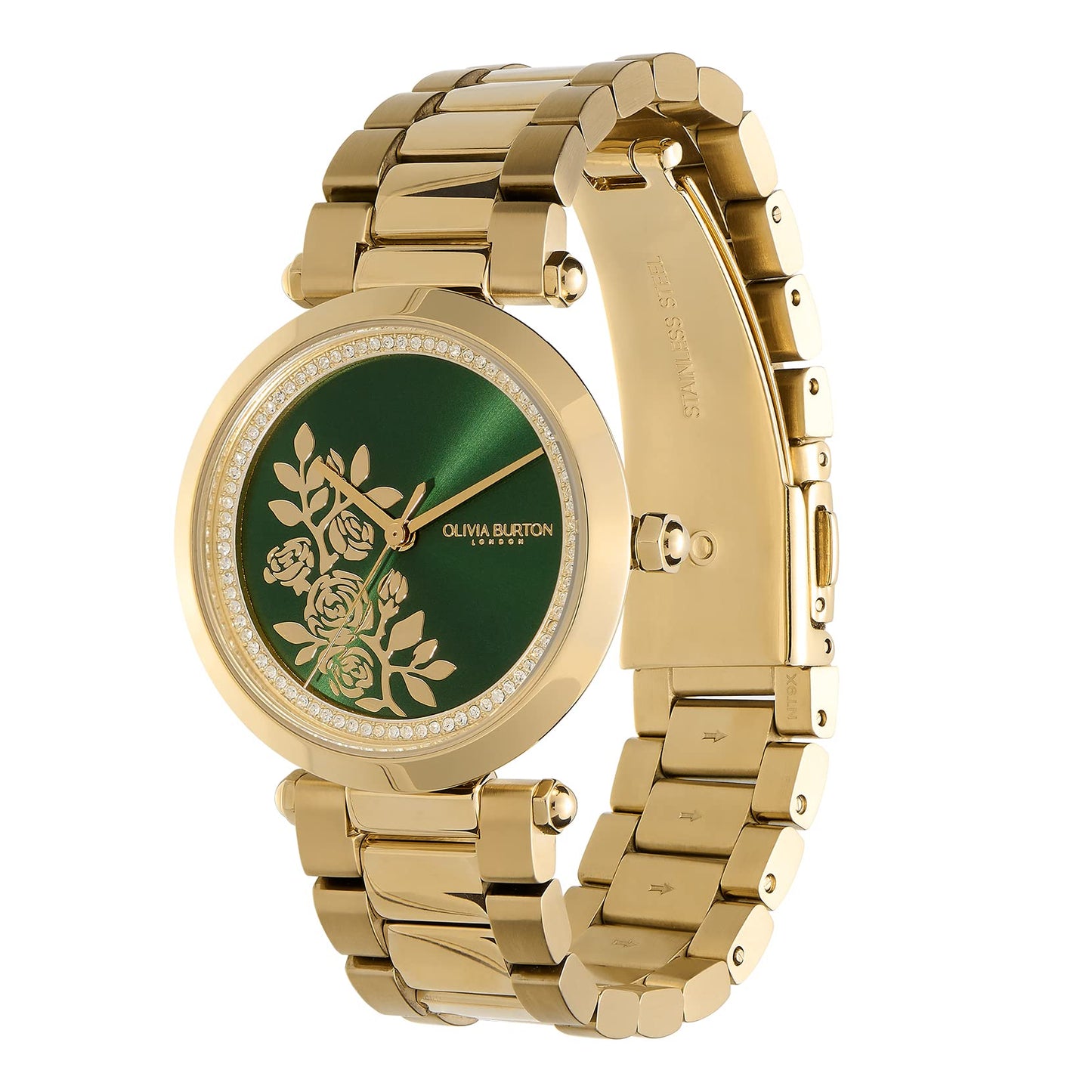 Olivia burton Tbar Floral Qtz Basic Green & Stone Round Dial Women's Watch|Ionic Plated Gold Steel Material|Gold Color Band - 24000043