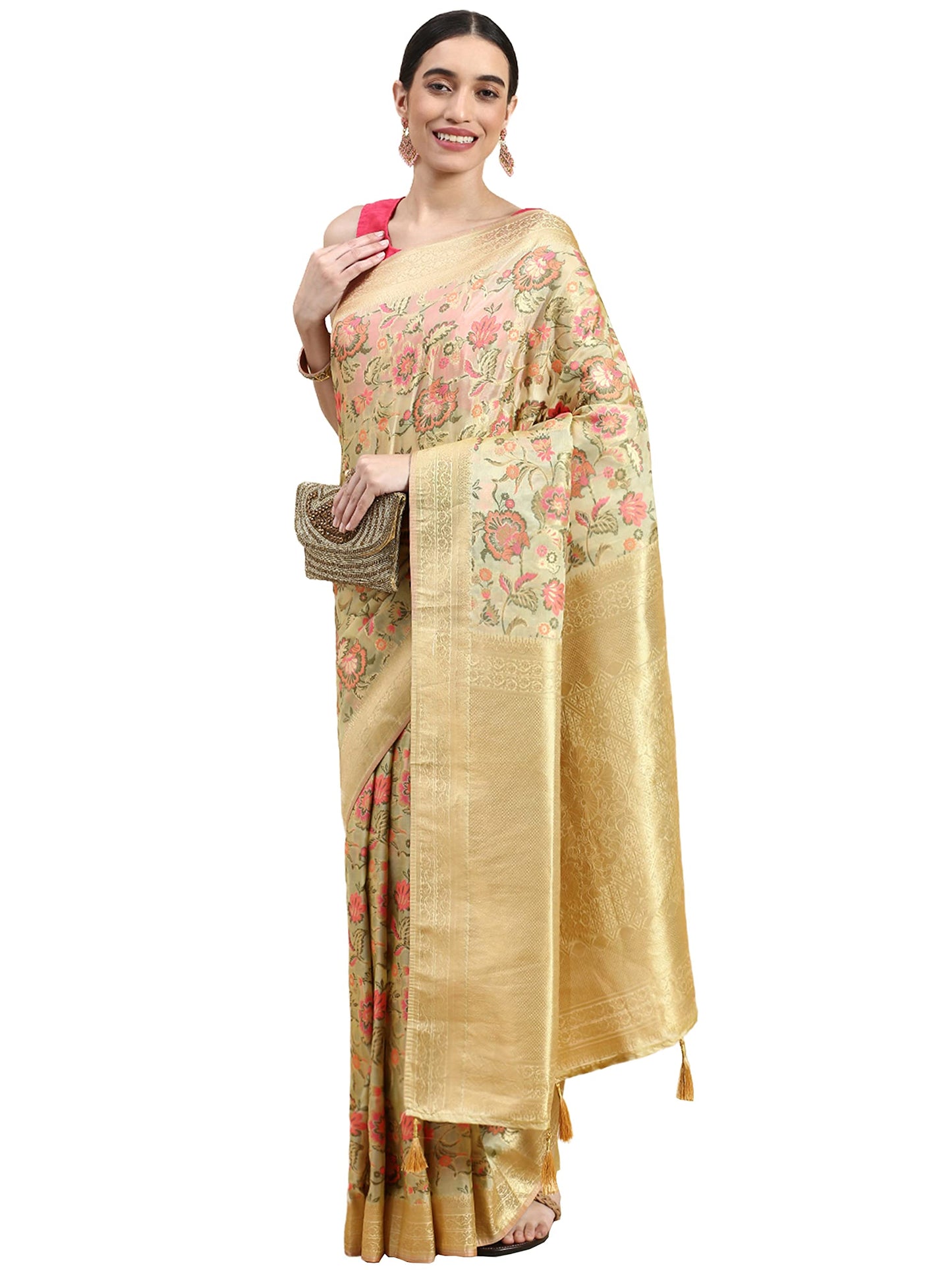 MOHEY Women's Saree, Suitable for Party, Anniversary & Wedding Sari for Women, All Over Jaal, Bordered Art Silk (Off White)