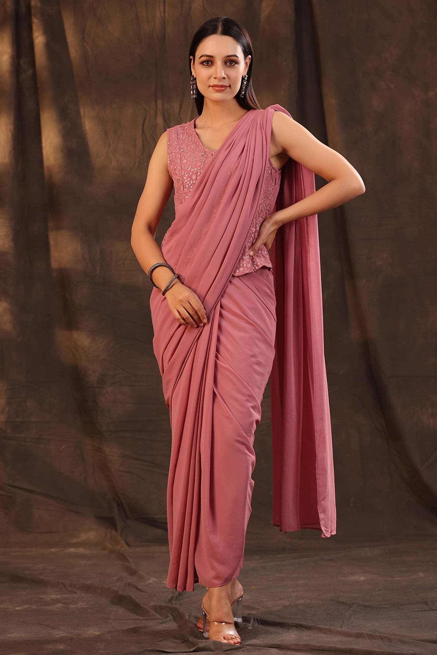 Juniper Women's Georgette Saree Style Dress (Rosegold, X-Small)