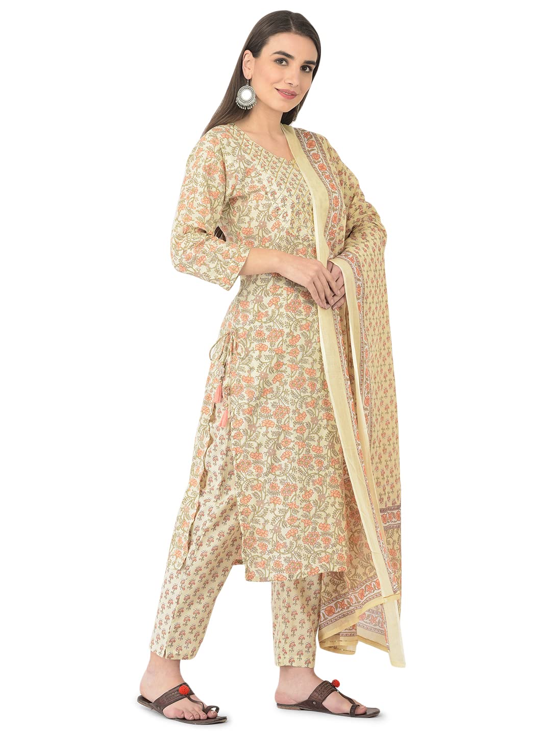 Pistaa's Women Cotton Straight Printed Suit Set (Cream, Large)
