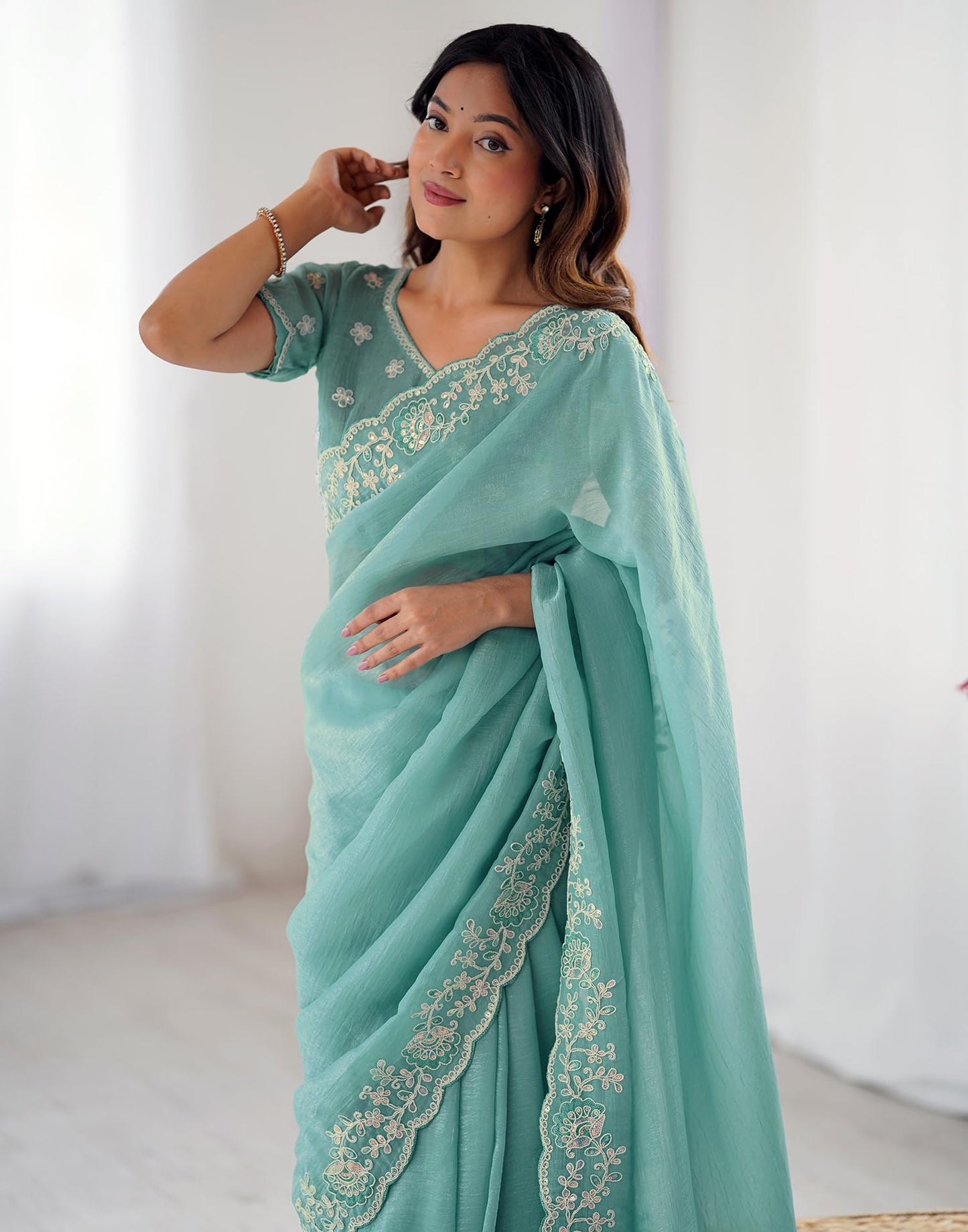 SIRIL Women's Shimmer Chiffon Sequence Embroidery Saree with Unstitched Blouse Piece (4487S456_Sea Blue)