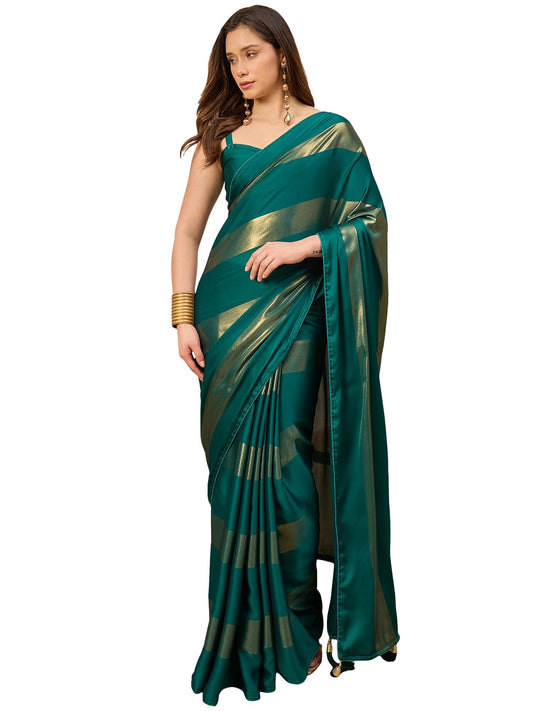 AKHILAM Women's Teal green Satin Foil Print Tassels and Latkans Saree With Unstitched Blouse Piece | saree for woman | Designer Saree for Women | Soft and Skin Friendly (RANI7103_RN)