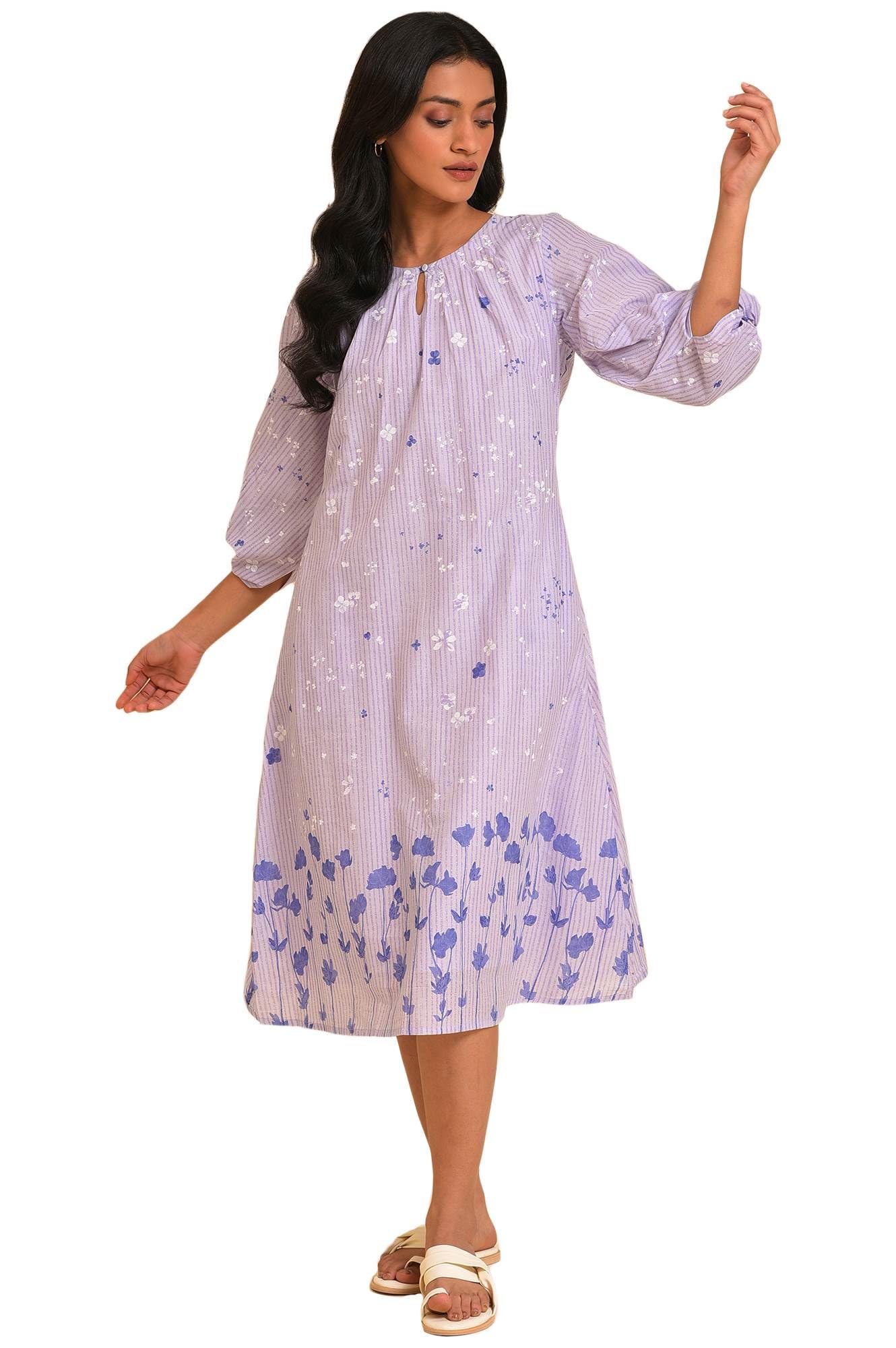 W For Woman Ecru Floral Printed Cotton A-Line Dress with Thread Embroidery