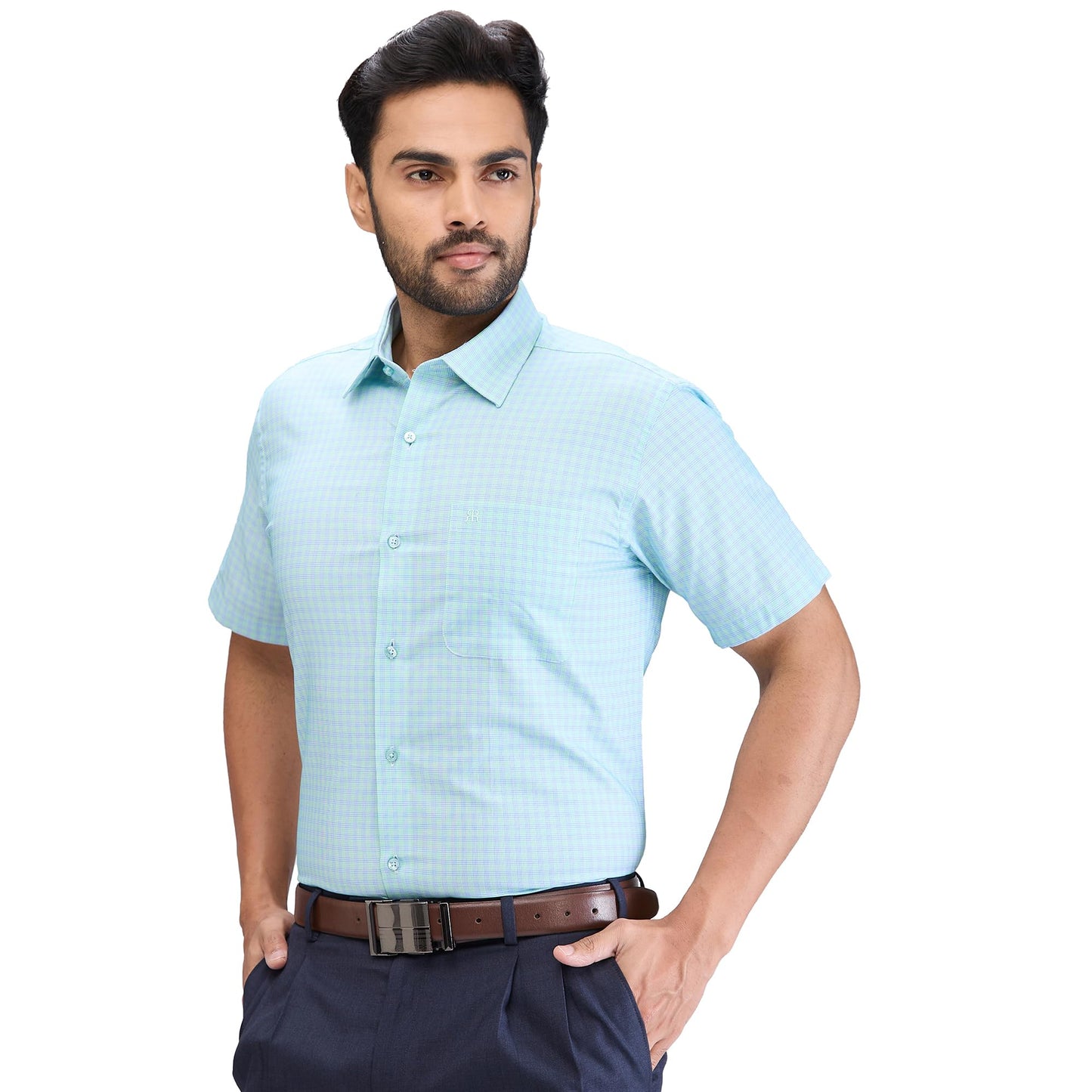 Raymond Men's Contemporary Fit Checks Pattern Pure Cotton Semi Cut Away Collar Half Sleeve Formal Shirt (Size: 42)-RMSY12320-N3 Medium Green