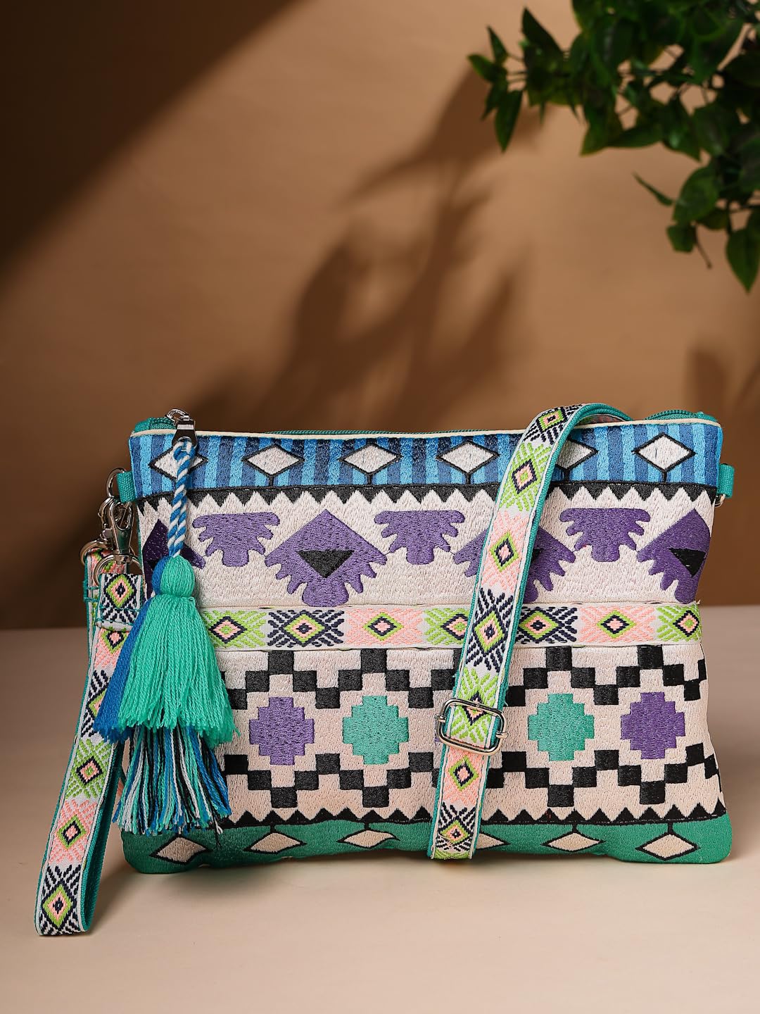 Anekaant Tribal Turquoise & Multi Acrylic Jacquard Ethnic Motifs Embroidered Sling Bag