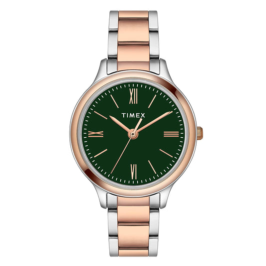 TIMEX Analog Watch for Women with Green Round Dial & Two Tone Stainless Steel Bracelet Band Water Resistant Women's Wrist Watches - TWTL121SMU04