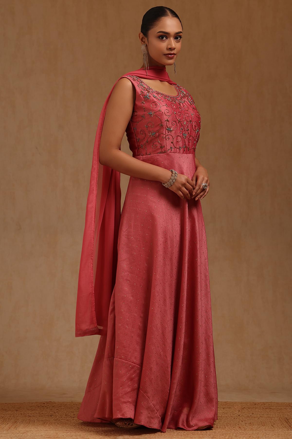 Soch Womens Onion Pink Vichitra Embroidered Gown with Cutdana