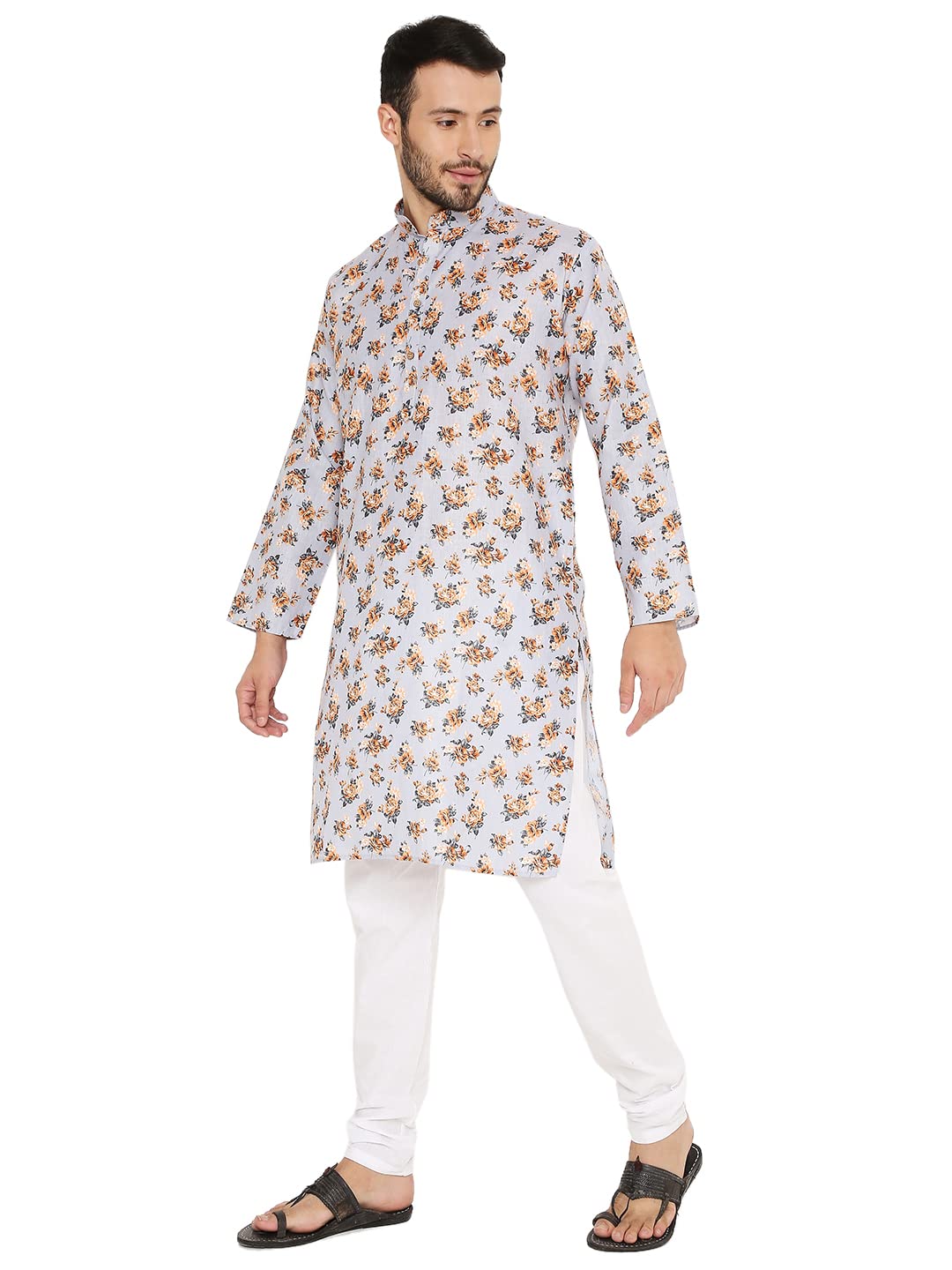 LUCKWIN Linen Regular Fit, Mandarin Collar, Floral Print Kurta Pajama Set in Light Grey for Men [LWKP169-36-2023]