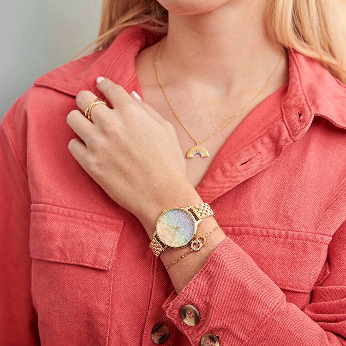 Olivia Burton Rainbow Qtz Basic Rainbow Glitter Round Dial Women's Analog Watch|Ionic Plated Gold Steel Material|Gold Color Band - OB16RB23