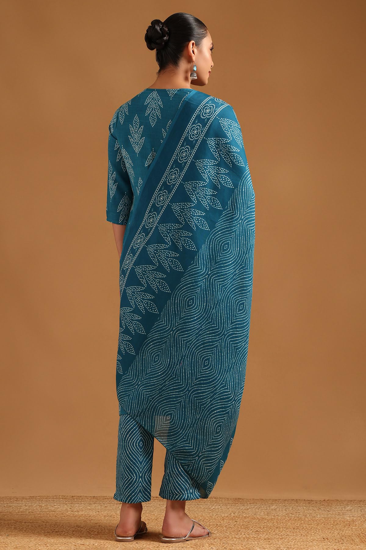 Soch Womens Teal Linen Blend Bandhani Salwar Suit With Faux Mirror And Sequins