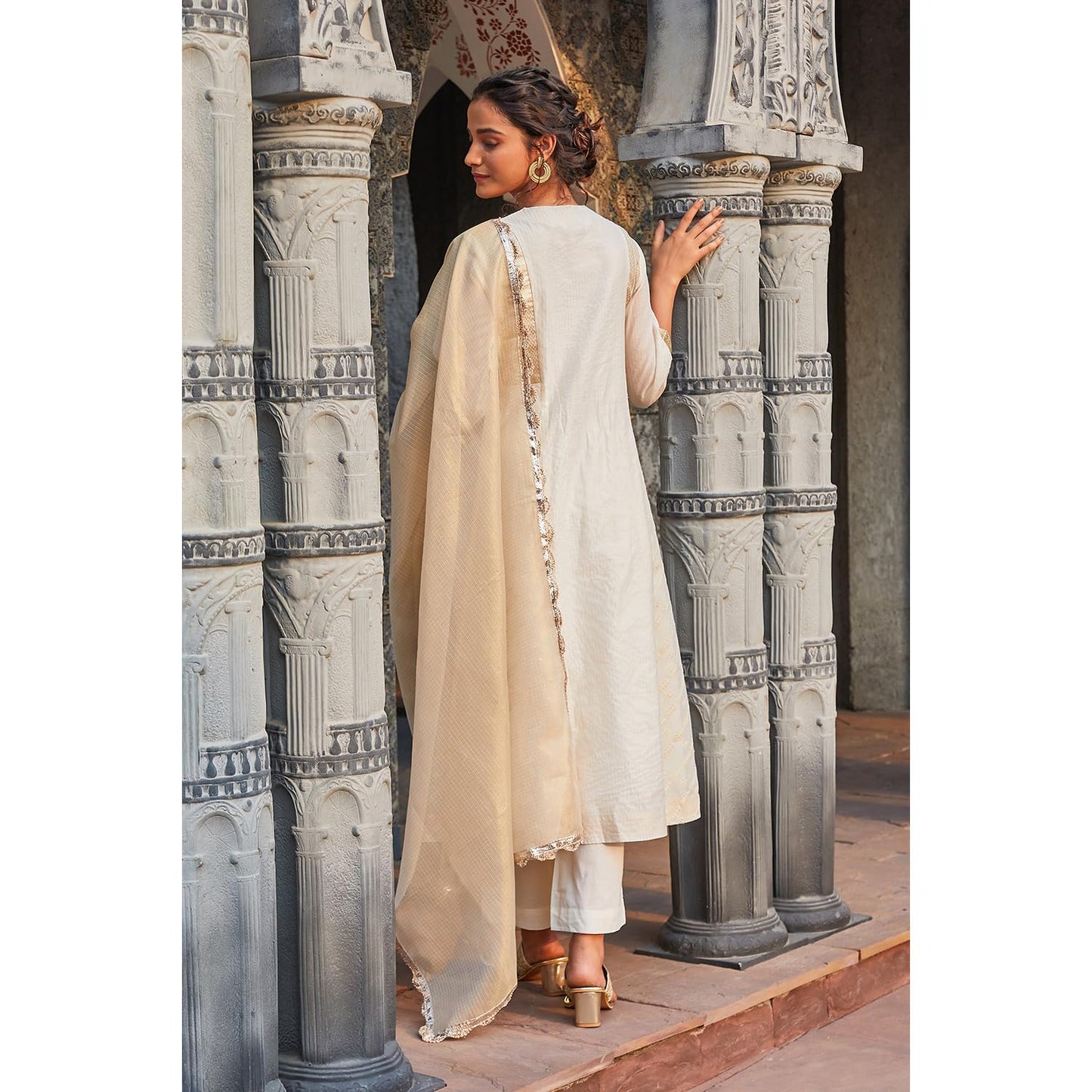 BIBA Women Cotton Blend Straight Self Design Suit Set (SKDMAURYA9378SS24OWHT_Off White