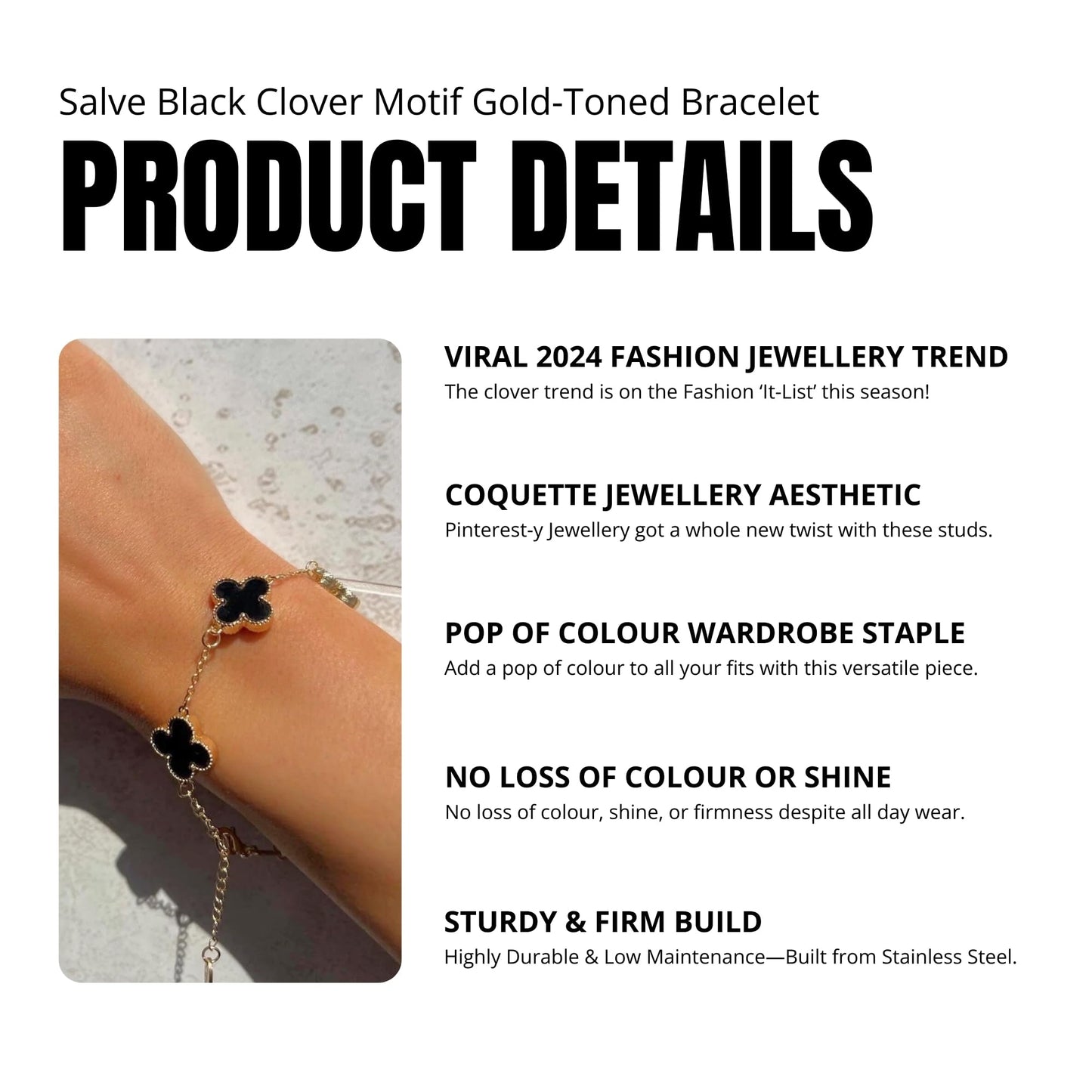 SALVE Clover Anti Tarnish Bracelet for Women Stylish | Stainless Steel Bracelet for Woman | Fashion Jewellery for Women Aesthetic Accessories for Girls Chain Bracelet Gold (Black)