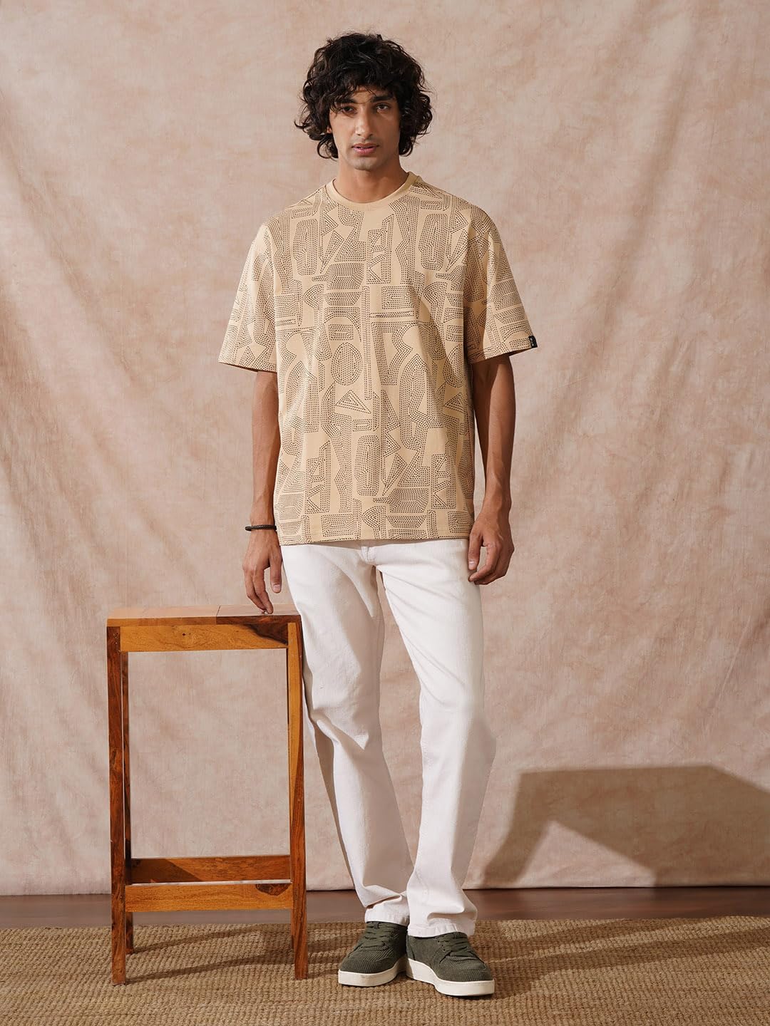 WROGN Men's 100% Cotton T-Shirt | Tonal All Over Print | Oversized Fit | Beige | M