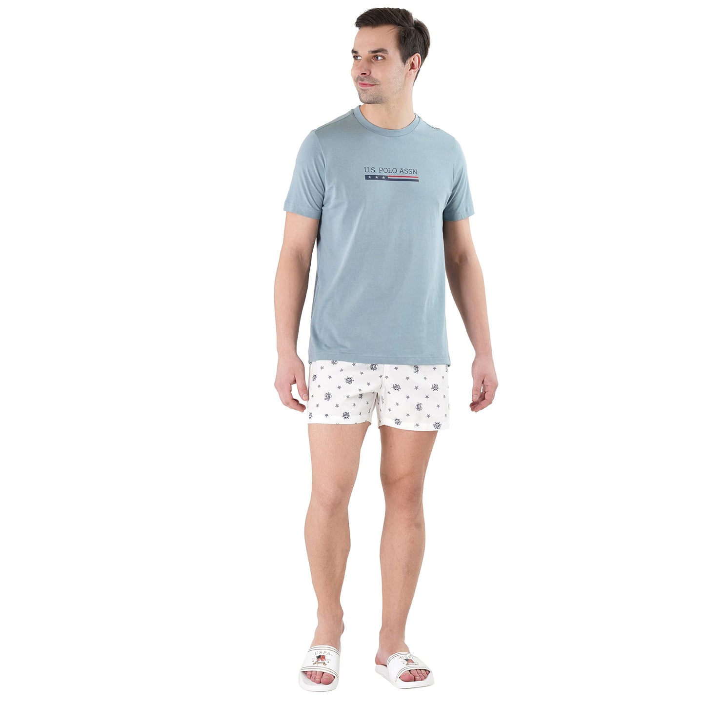 U.S. POLO ASSN. Men Cotton Crew Neck Brand Print Le001 Lounge Regular Fit T-Shirt-Pack of 1 (Lead Large), Light Blue