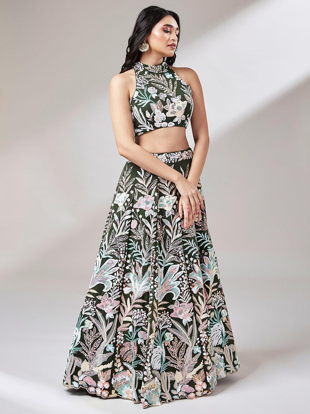 Zeel Clothing Women's Net Sequins Embroidered Soft Net Semi Stitched Lehenga Choli With Dupatta (6032-Green-Wedding-Stylish-Lehenga-Choli-Latest; Free Size)