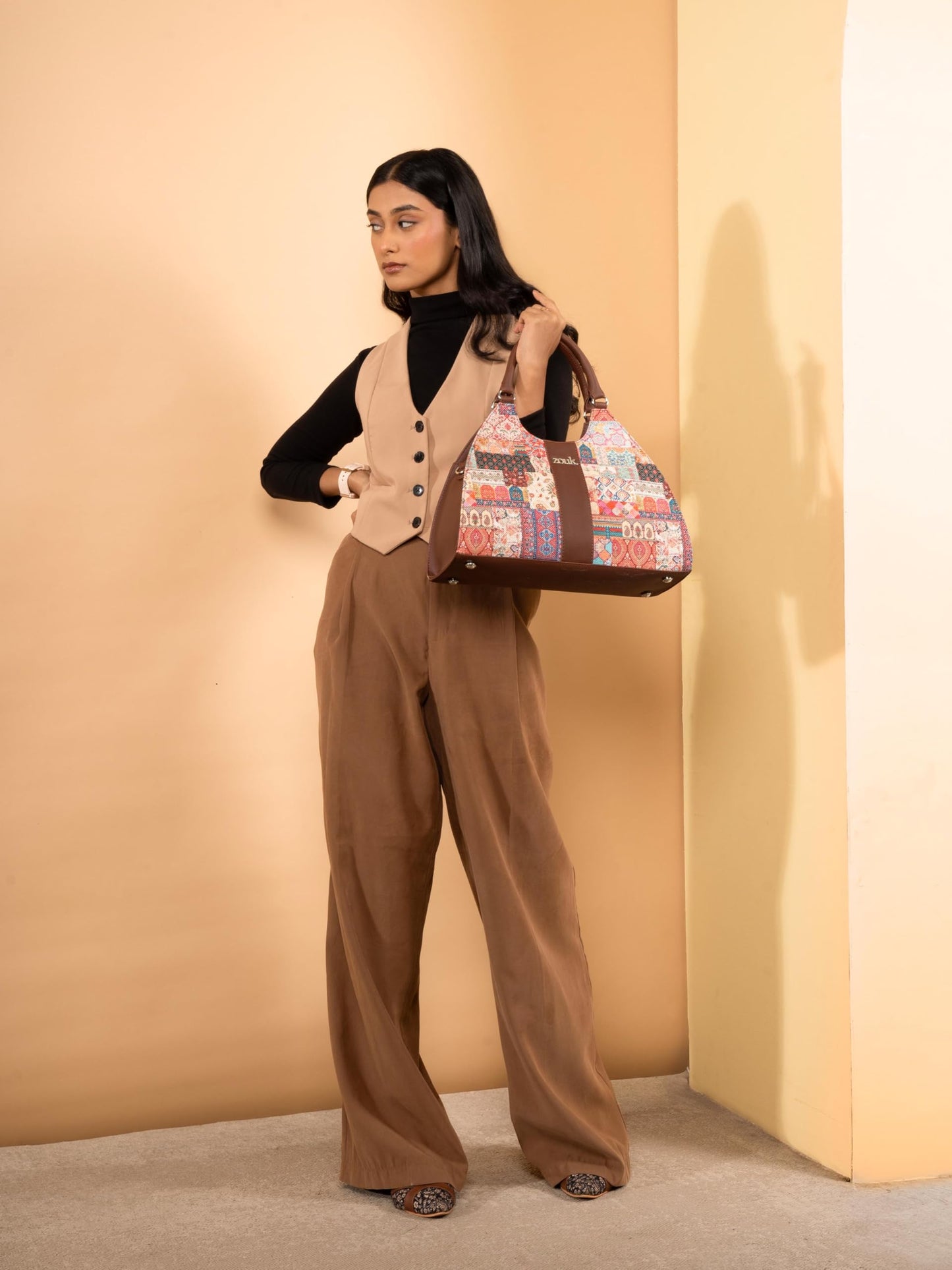 ZOUK Konkona Statement Satchel Bag - Kutch Gamthi | Jute | Vegan Leather Handcrafted With Detachable Sling Strap | Multicolor