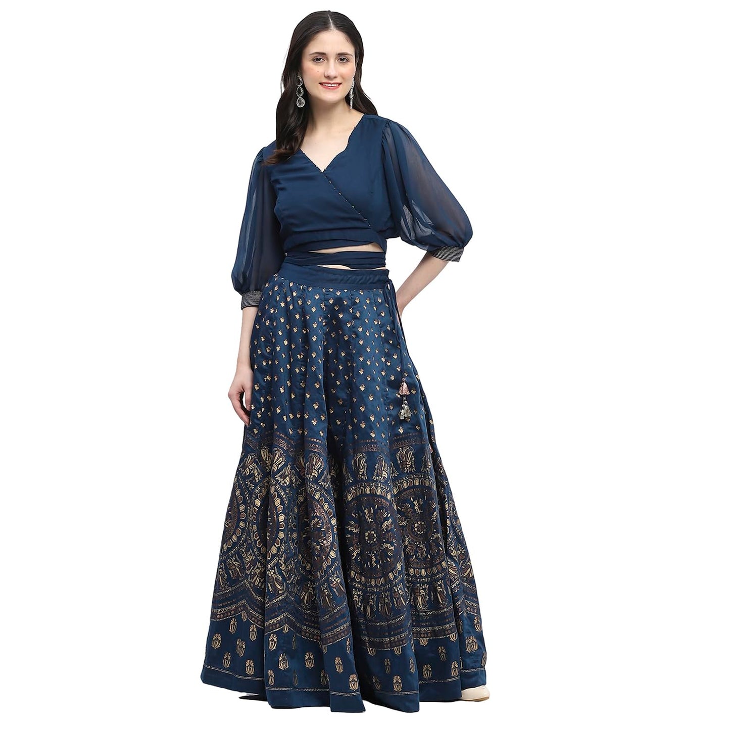 Biba Women's Chiffon Lehenga Set (FEST2766AW24BLU_Blue_34)