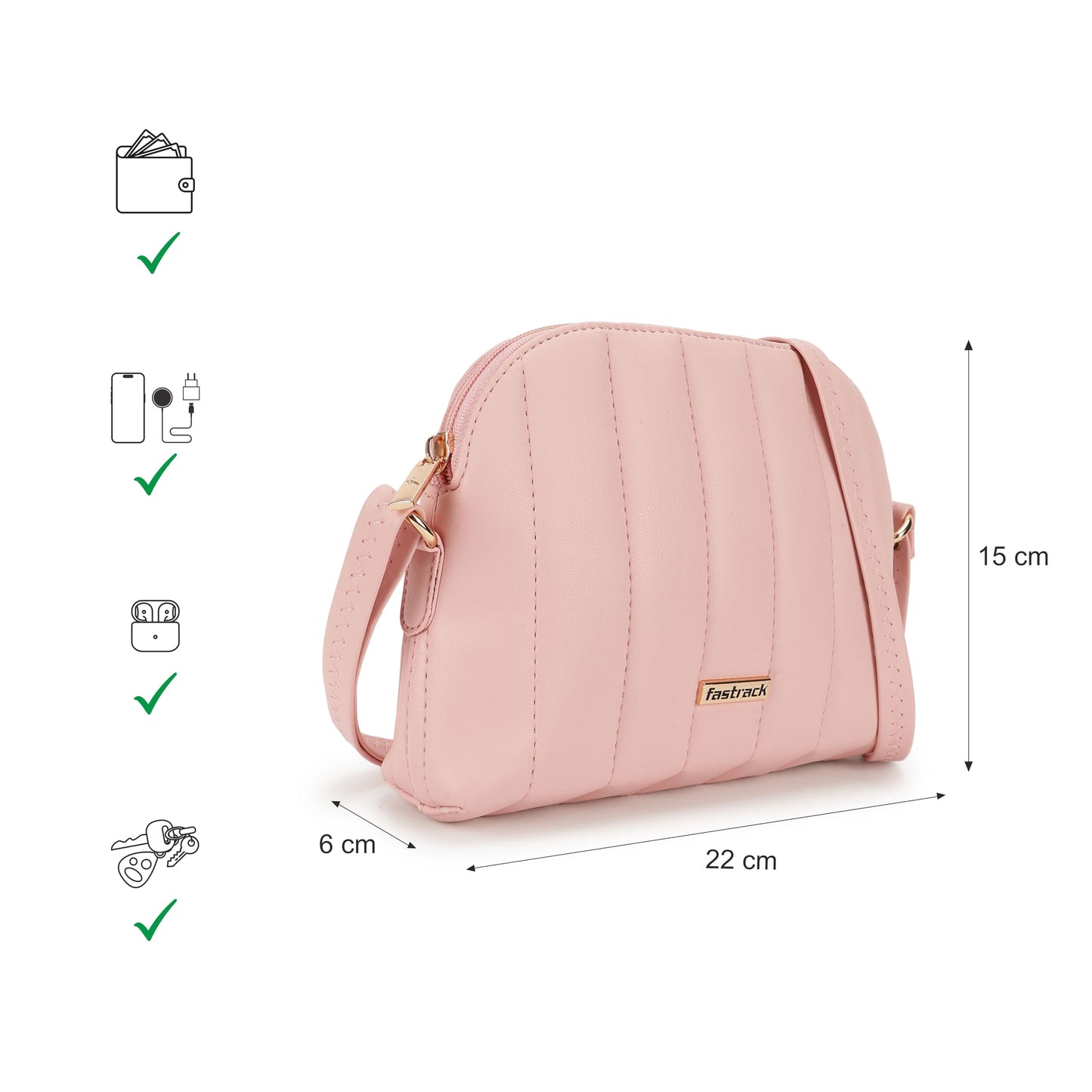 Fastrack Quilted Powder Pink Sling Bag For Women, Girls and Ladies with Top Zipper