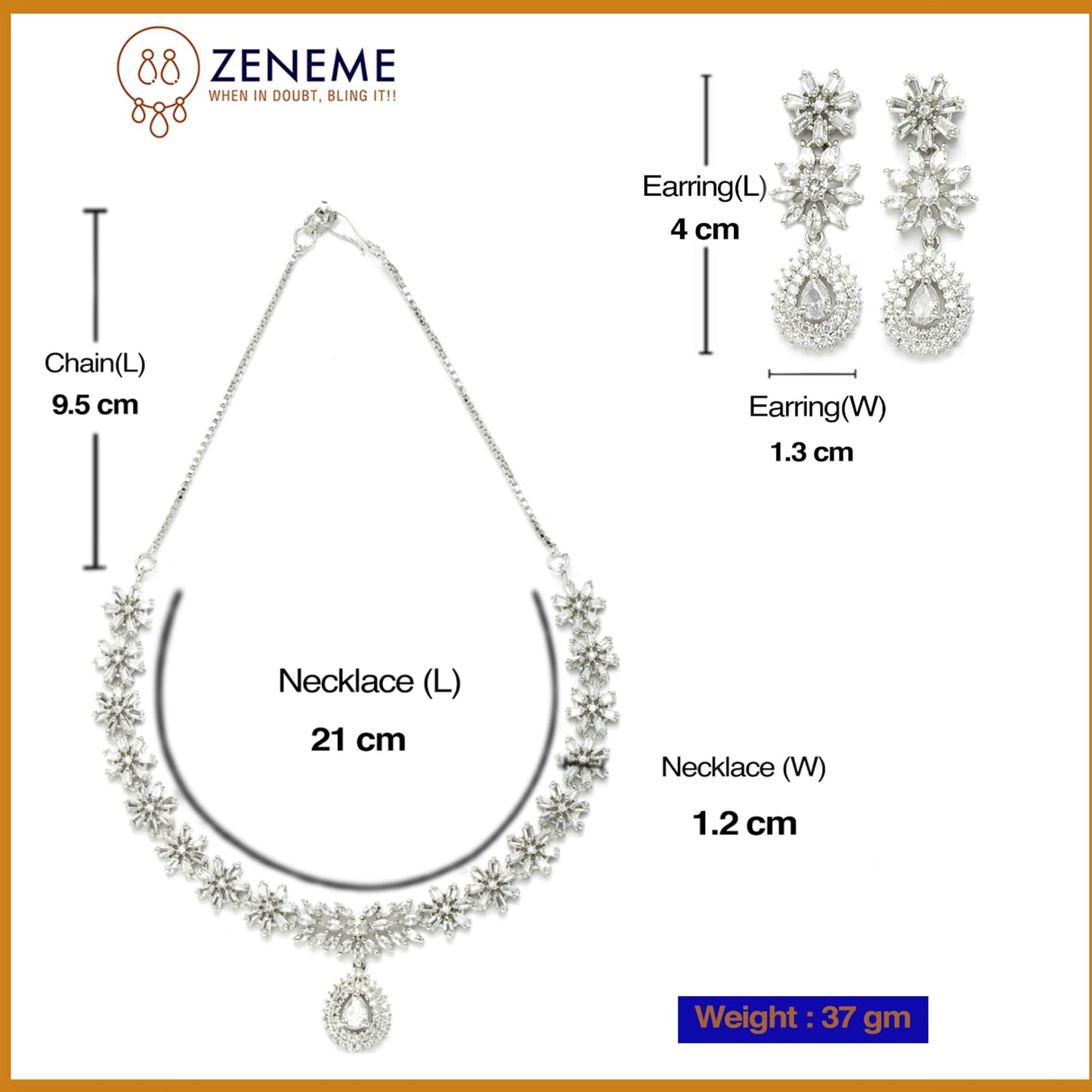 ZENEME Womens Rhodium-Plated with Silver-Toned Floral Design White American Diamond Studded Jewellery Set (White)