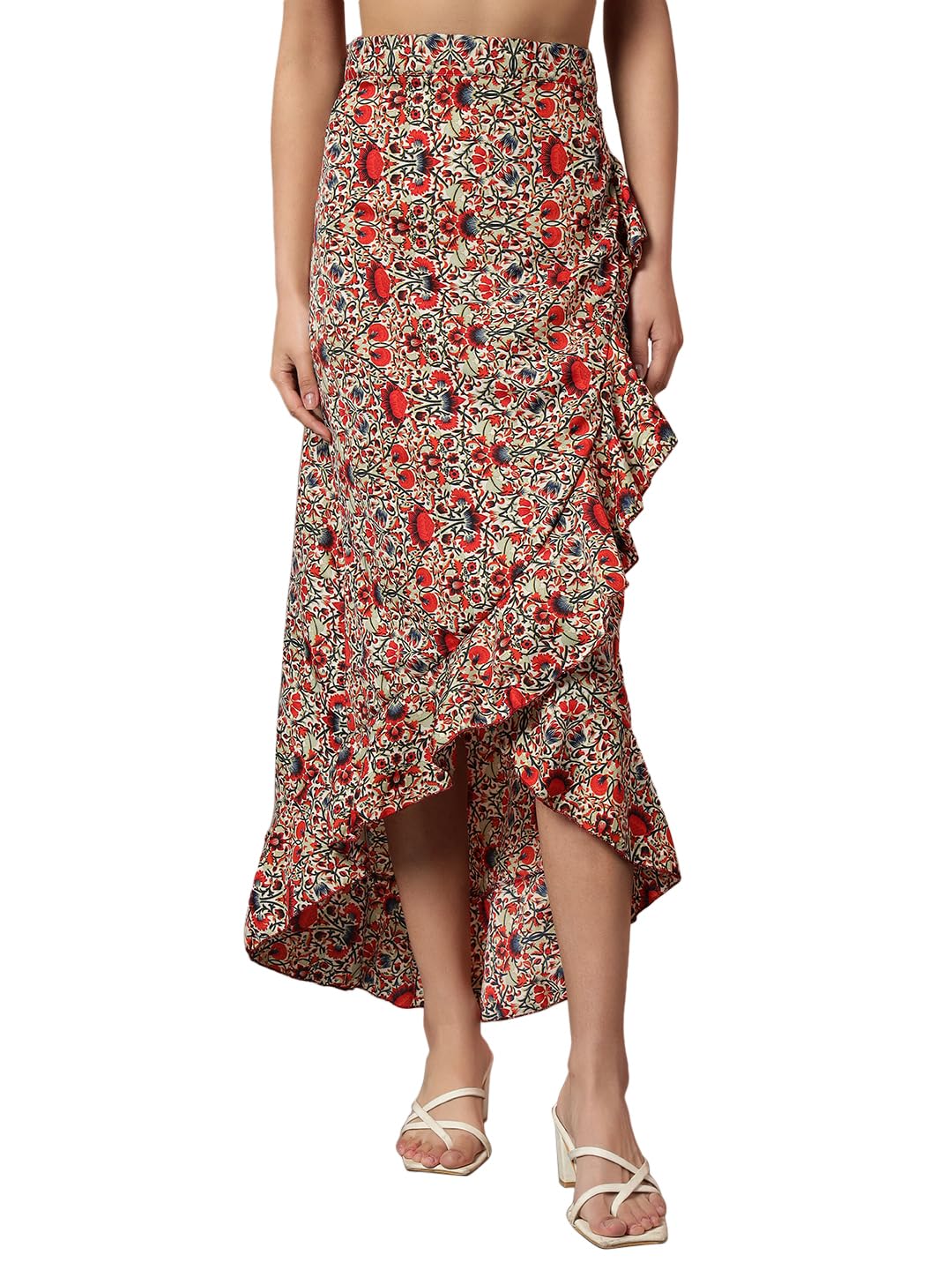 Trend Arrest.ed Women's Floral High-Low Midi Skirt | Ruffle Wrap Skirt | Summer Casual Wear, Plus Sizes (Red, L)