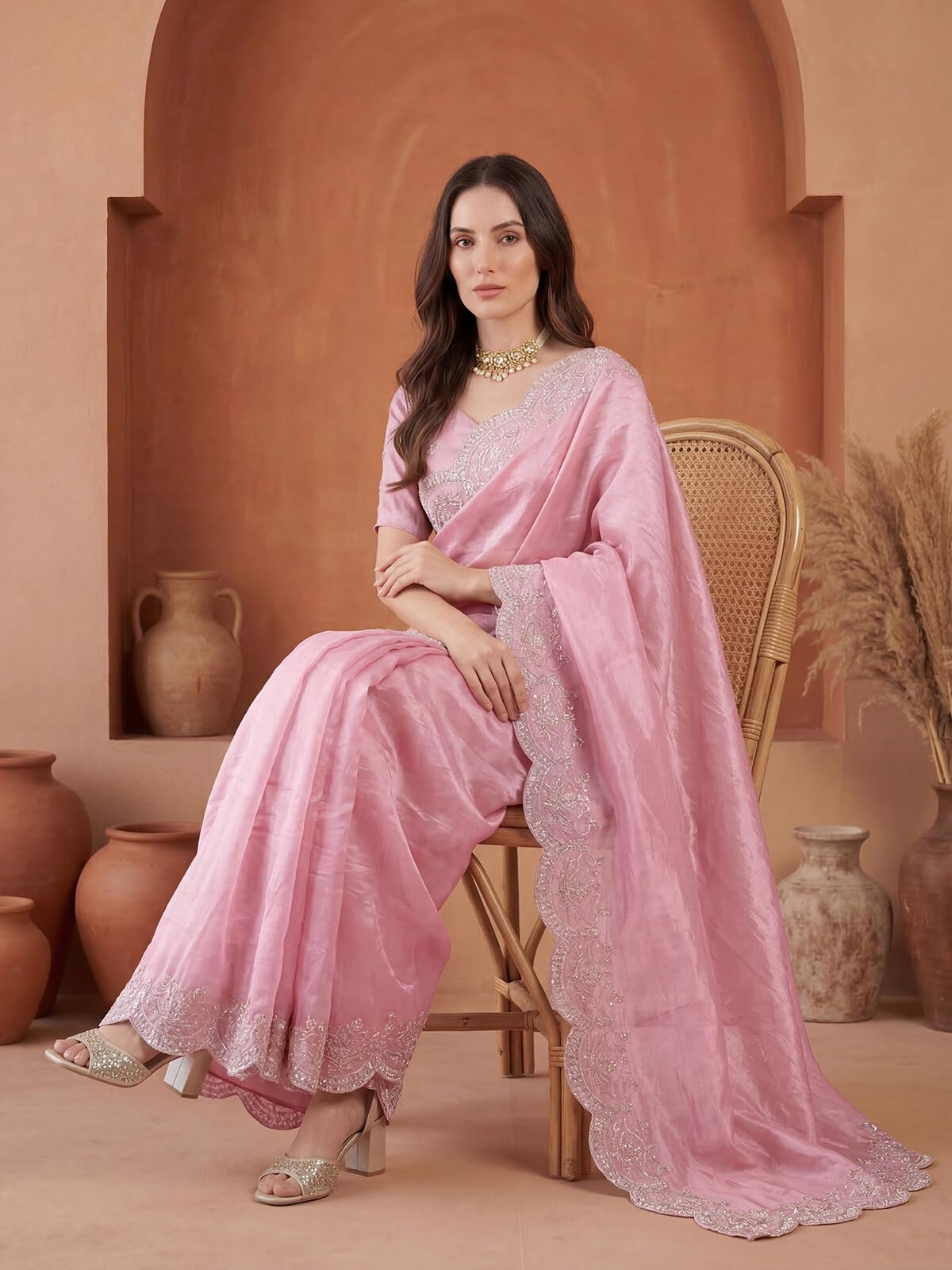 SIRIL Women's Tissue Silk Sequins Embroidery Saree with Unstitched Blouse Piece (4282S6778AA_Rose Pink)