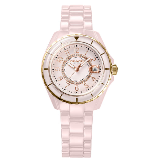 COACH Coach Watch Women's PRESTON Ceramic Quartz Watch Watch Brand, Pink, Bracelet Type