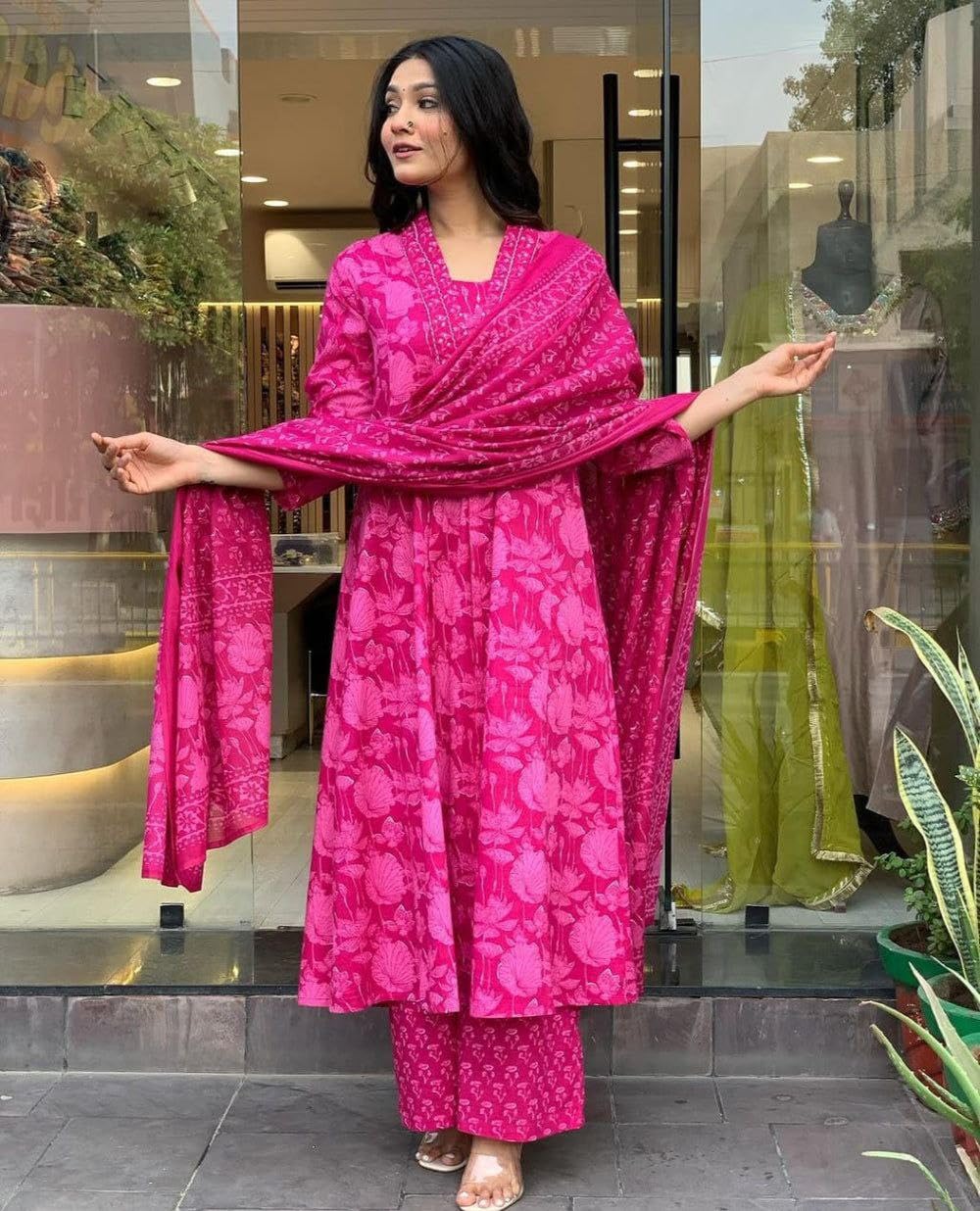 Modestouze Attires Women's Rayon Floral Printed Salwar Suit Set | V Neck 3/4 Sleeve Fit Flared Calf Length Kurta and Cotton Dupatta with Printed Palazzo | MA-K207-PINK-XXL