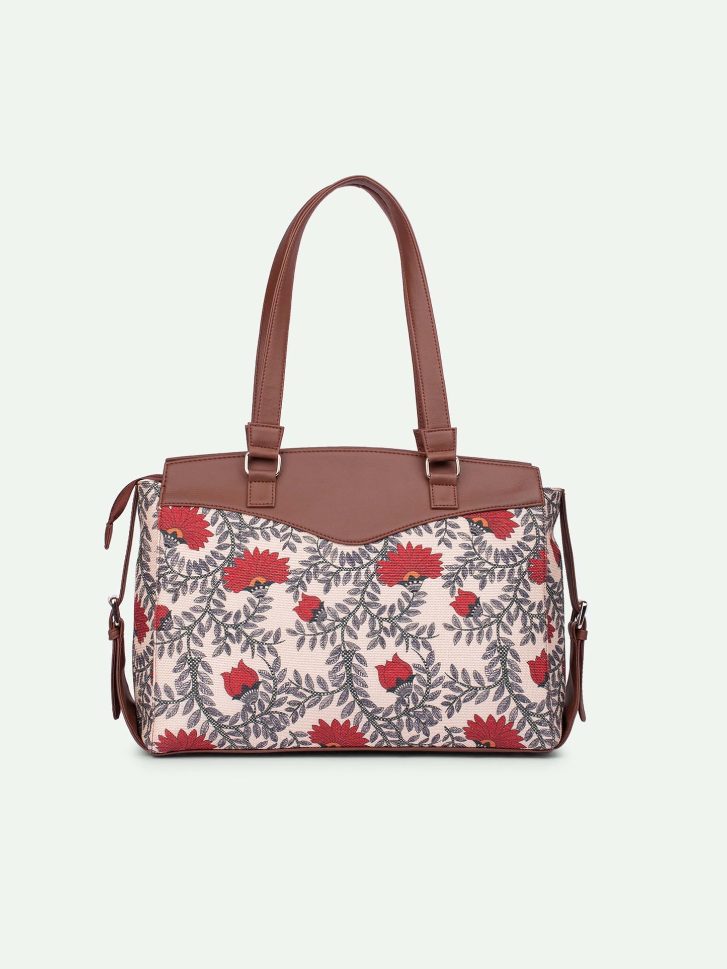 ZOUK Nawabi Couture Floral Printed Jute Vegan Leather Beige and red Women's Office Work Bag With Double Handles Strap