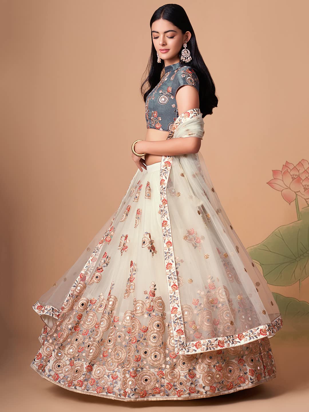 Zeel Clothing Women's Net Embroidered Semi-Stitched Bridal New Lehenga Choli with Dupatta (7322-OffWhite-Wedding-Bridal-Latest; Free Size) (Off-White)