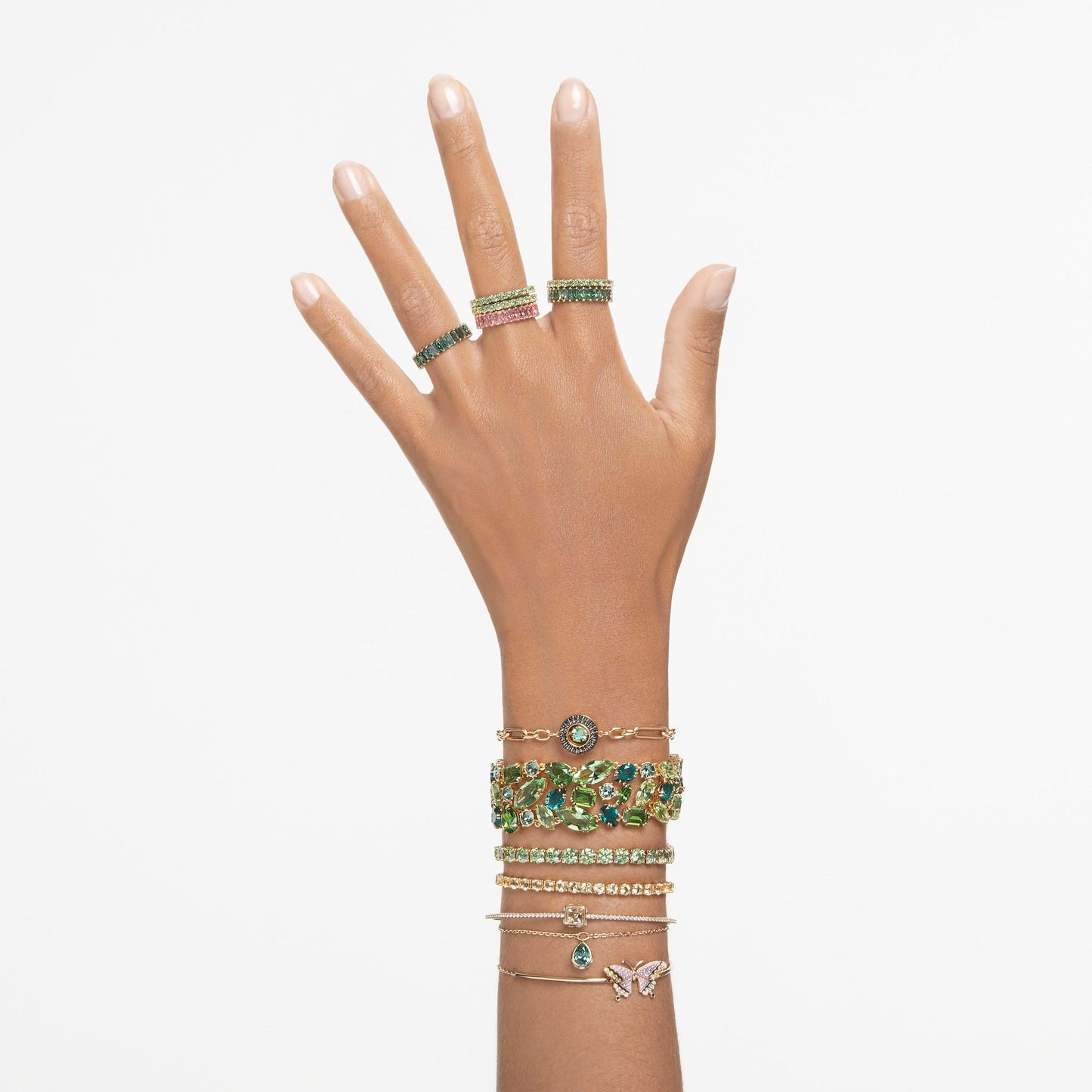 Swarovski Matrix Tennis bracelet, Round cut, Green, Gold-tone plated